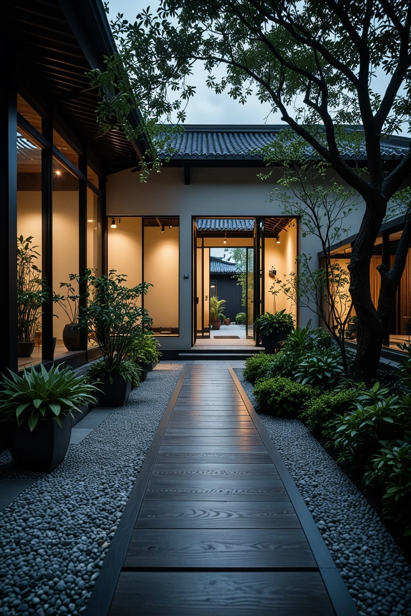 一条长长的黑色人行道被砾石、植物和树木包围。这条走道通向一个带有玻璃墙和木制走道的庭院。该建筑具有传统的中国风格,以黑色为主色调,周围种植着植物。这张照片显示了一个长凳和一个花瓶的内部一瞥。灯光柔和温暖,营造出舒适的氛围。这张照片是在阴天拍摄的,给现场增添了一丝忧郁的气氛。 一条长长的黑色人行道被砾石、植物和树木包围。这条走道通向一个带有玻璃墙和木制走道的庭院。该建筑具有传统的中国风格,以黑色为主色调,周围种植着植物。这张照片显示了一个长凳和一个花瓶的内部一瞥。灯光柔和温暖,营造出舒适的氛围。这张照片是在阴天拍摄的,给现场增添了一丝忧郁的气氛。