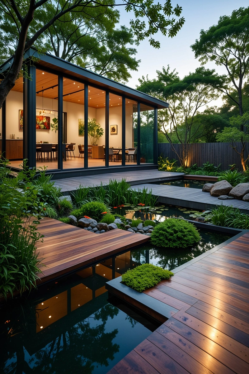 一座现代住宅的特点是一个玻璃庭院,可以看到一个锦鲤池塘,周围环绕着树木和植物。这栋房子的外墙是木头和玻璃,屋顶是绿色的。庭院四周环绕着一个木制平台,透过玻璃墙可以看到一张餐桌。场景设置在一个平静祥和的环境中,背景是湛蓝的天空。 一座现代住宅的特点是一个玻璃庭院,可以看到一个锦鲤池塘,周围环绕着树木和植物。这栋房子的外墙是木头和玻璃,屋顶是绿色的。庭院四周环绕着一个木制平台,透过玻璃墙可以看到一张餐桌。场景设置在一个平静祥和的环境中,背景是湛蓝的天空。