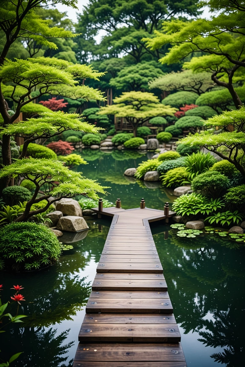 一个宁静的日式花园,有池塘和木制走道。 一个宁静的日式花园,有池塘和木制走道。
