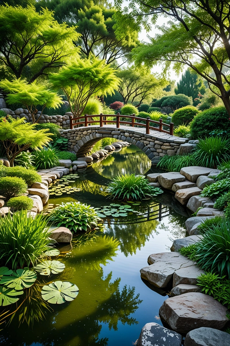 一堵石墙和一座桥横跨在郁郁葱葱的花园里的一个小池塘上。墙是用不规则的石头砌成的,桥是简单的木结构。花园郁郁葱葱,有各种各样的树木和灌木。天空是蓝色的,阳光灿烂。整体风格自然宁静,令人联想到传统的中国园林。图像由灰色网格框起,增添了现代感。 一堵石墙和一座桥横跨在郁郁葱葱的花园里的一个小池塘上。墙是用不规则的石头砌成的,桥是简单的木结构。花园郁郁葱葱,有各种各样的树木和灌木。天空是蓝色的,阳光灿烂。整体风格自然宁静,令人联想到传统的中国园林。图像由灰色网格框起,增添了现代感。