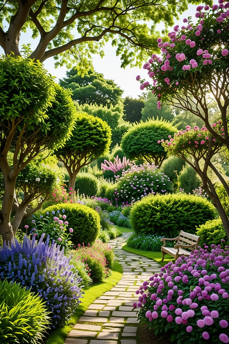 一个维护得很好的花园,有树篱、五颜六色的花和一条长满草的小路。花园郁郁葱葱,小路尽头有一条长凳。花有紫色、白色和粉红色的花,花园由一棵高大的树和一堵低矮的石墙构成。整体风格是正式和优雅的,强调对称和平衡。图像有一个明亮和阳光的感觉,有一个清澈的蓝天。 一个维护得很好的花园,有树篱、五颜六色的花和一条长满草的小路。花园郁郁葱葱,小路尽头有一条长凳。花有紫色、白色和粉红色的花,花园由一棵高大的树和一堵低矮的石墙构成。整体风格是正式和优雅的,强调对称和平衡。图像有一个明亮和阳光的感觉,有一个清澈的蓝天。
