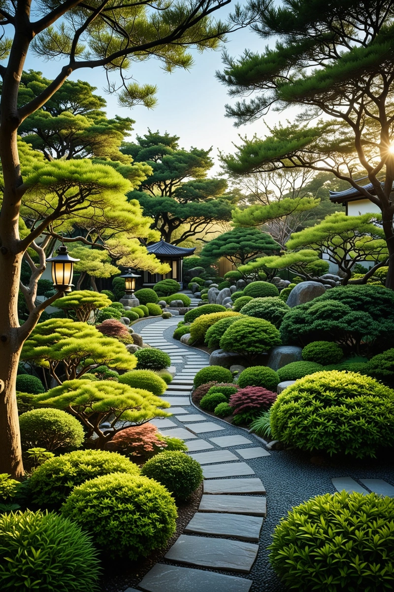 一个宁静的日式花园,修剪整齐的草坪和弯曲的小路。花园以各种灌木和树木为特色,包括一棵大松树,并装饰着装饰性的灯笼。这座带有黑色窗框的现代风格建筑坐落在花园的边缘。天空是清澈的蓝色,整个氛围是和平和宁静的。 一个宁静的日式花园,修剪整齐的草坪和弯曲的小路。花园以各种灌木和树木为特色,包括一棵大松树,并装饰着装饰性的灯笼。这座带有黑色窗框的现代风格建筑坐落在花园的边缘。天空是清澈的蓝色,整个氛围是和平和宁静的。