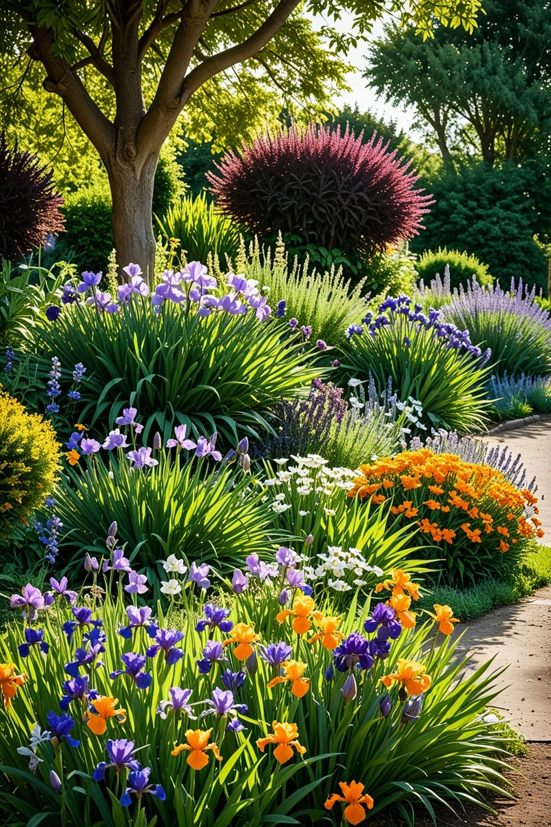 花坛有各种紫色、白色和橙色花朵的花园，包括鸢尾、薰衣草和雏菊花园坐落在一条路边，路边停着汽车，两边都是树木。天空是蓝色的，阳光灿烂。花园维护得很好，色彩丰富，灌木和多年生植物混合在一起。鲜花盛开，给风景增添了生机。这个花园是一个精心设计的前院的美丽范例。