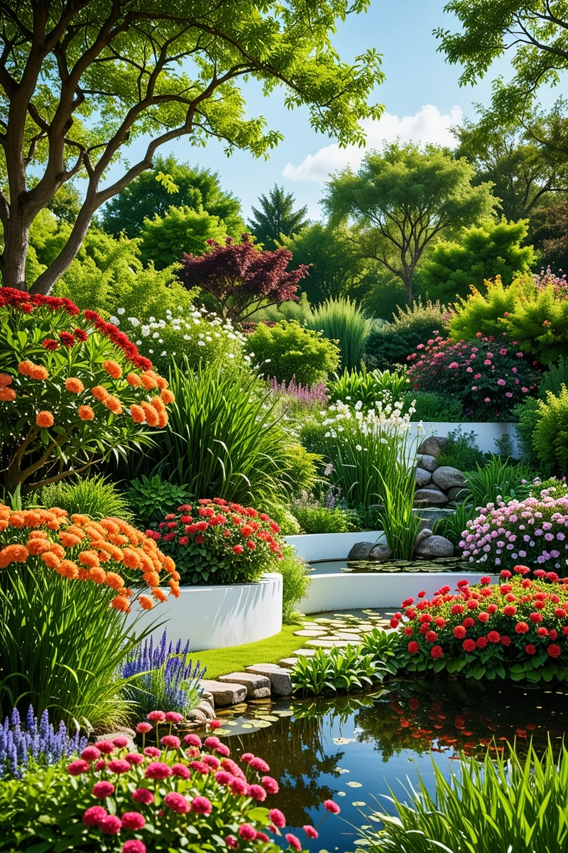 一个宁静的花园场景,一个巨大的白墙作为背景。墙周围是郁郁葱葱的绿色景观,以各种树木,灌木和鲜花为特色。前景是一个小池塘,周围环绕着五颜六色的花草。天空是明亮的蓝色,表明天气晴朗。花园的整体风格是宁静宁静,注重自然元素。构图是平衡的,池塘是焦点,白墙提供了和谐和平静的感觉。色彩和纹理的使用增加了场景的深度和趣味性。 一个宁静的花园场景,一个巨大的白墙作为背景。墙周围是郁郁葱葱的绿色景观,以各种树木,灌木和鲜花为特色。前景是一个小池塘,周围环绕着五颜六色的花草。天空是明亮的蓝色,表明天气晴朗。花园的整体风格是宁静宁静,注重自然元素。构图是平衡的,池塘是焦点,白墙提供了和谐和平静的感觉。色彩和纹理的使用增加了场景的深度和趣味性。