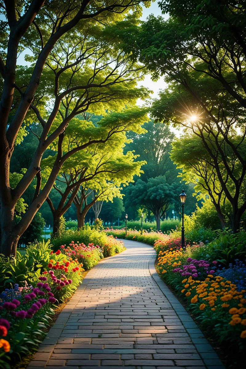 一条铺砌的人行道蜿蜒穿过郁郁葱葱的绿色公园,公园两边种满了树木和五颜六色的鲜花。天空是晴朗的,蓝色的,投下一种温暖的光芒。公园是一个远离城市的宁静之地,有着宁静而放松的氛围。 一条铺砌的人行道蜿蜒穿过郁郁葱葱的绿色公园,公园两边种满了树木和五颜六色的鲜花。天空是晴朗的,蓝色的,投下一种温暖的光芒。公园是一个远离城市的宁静之地,有着宁静而放松的氛围。