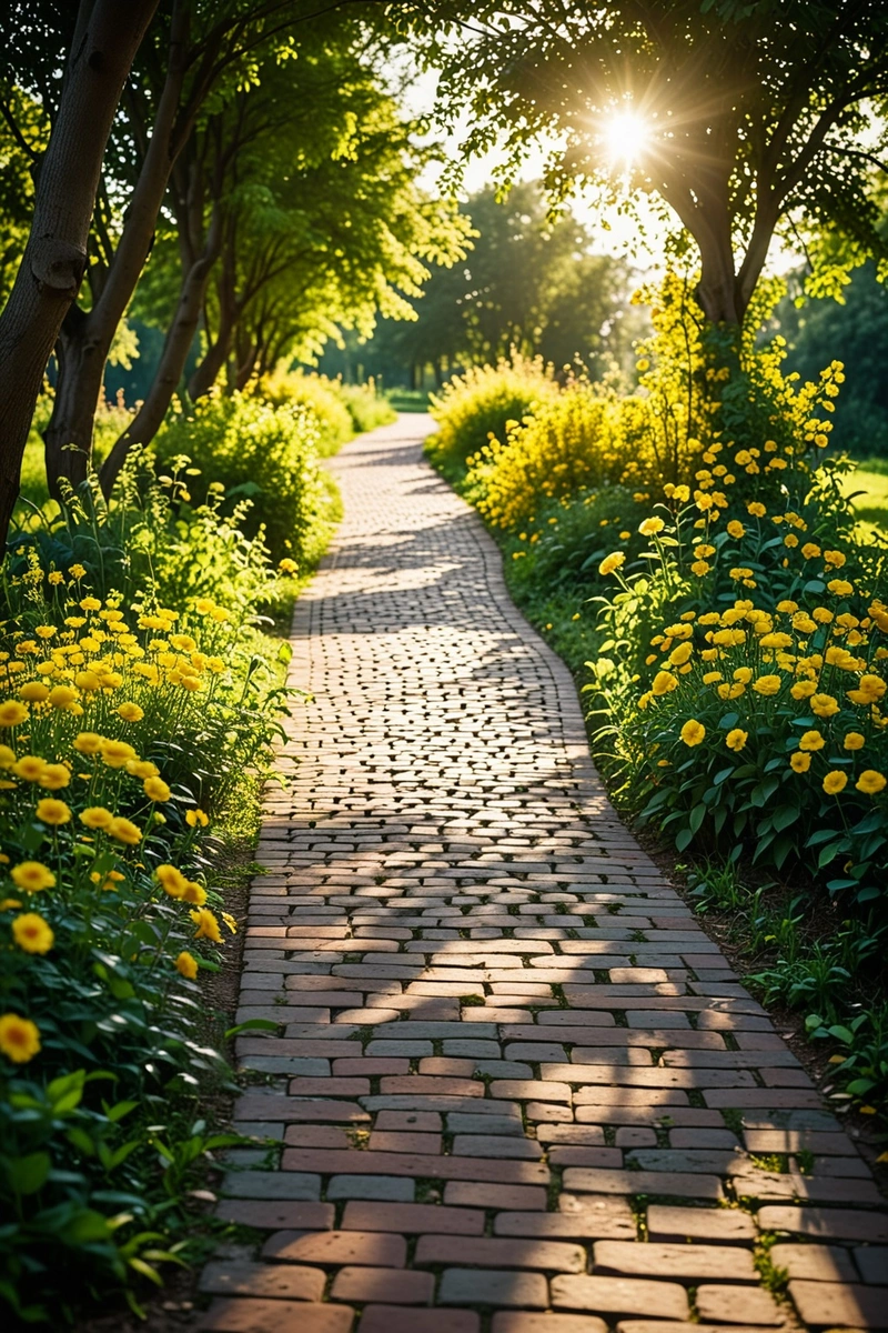 一条砖砌的小路蜿蜒穿过郁郁葱葱的绿色公园，公园两旁是树木和黄花。阳光明媚，在小路上投下长长的影子。现场有一种宁静祥和的气氛。