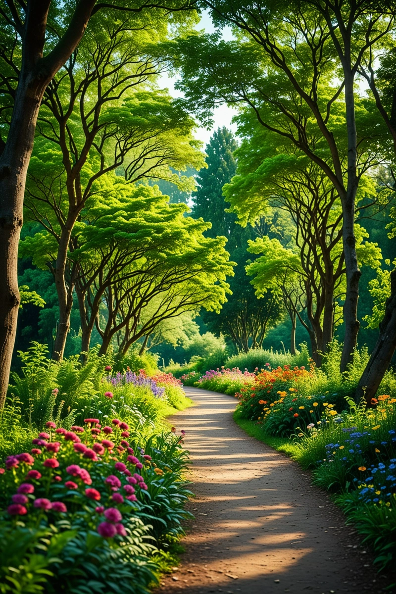一条蜿蜒的小路穿过郁郁葱葱的绿色公园,公园里有高大的树木、五颜六色的花朵和新鲜的绿色植物。天空晴朗明亮,气氛宁静祥和。 一条蜿蜒的小路穿过郁郁葱葱的绿色公园,公园里有高大的树木、五颜六色的花朵和新鲜的绿色植物。天空晴朗明亮,气氛宁静祥和。