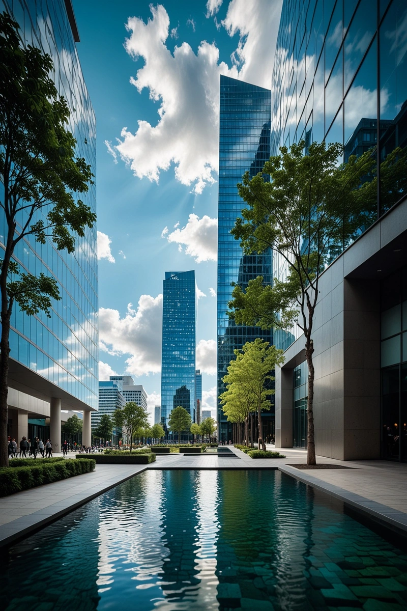 一座现代化的玻璃摩天大楼矗立在繁华的城市中心。建筑具有独特的立面,随着观众的移动而变化,为城市景观增添了动态元素。摩天大楼周围是一个大型的开放广场,里面是一个有树木和水景的小公园。可以看到行人穿过广场,过着他们的日常生活。上面的天空是清澈的蓝色,蓬松的白云散落其间。形象的整体风格是都市的,注重现代建筑和繁华的城市生活。在图像中使用的颜色主要是蓝色和灰色,从树木和水的特征中弹出绿色。这张照片是在一个阳光明媚的日子拍摄的,这给场景增加了一种温暖和明亮的感觉。 一座现代化的玻璃摩天大楼矗立在繁华的城市中心。建筑具有独特的立面,随着观众的移动而变化,为城市景观增添了动态元素。摩天大楼周围是一个大型的开放广场,里面是一个有树木和水景的小公园。可以看到行人穿过广场,过着他们的日常生活。上面的天空是清澈的蓝色,蓬松的白云散落其间。形象的整体风格是都市的,注重现代建筑和繁华的城市生活。在图像中使用的颜色主要是蓝色和灰色,从树木和水的特征中弹出绿色。这张照片是在一个阳光明媚的日子拍摄的,这给场景增加了一种温暖和明亮的感觉。