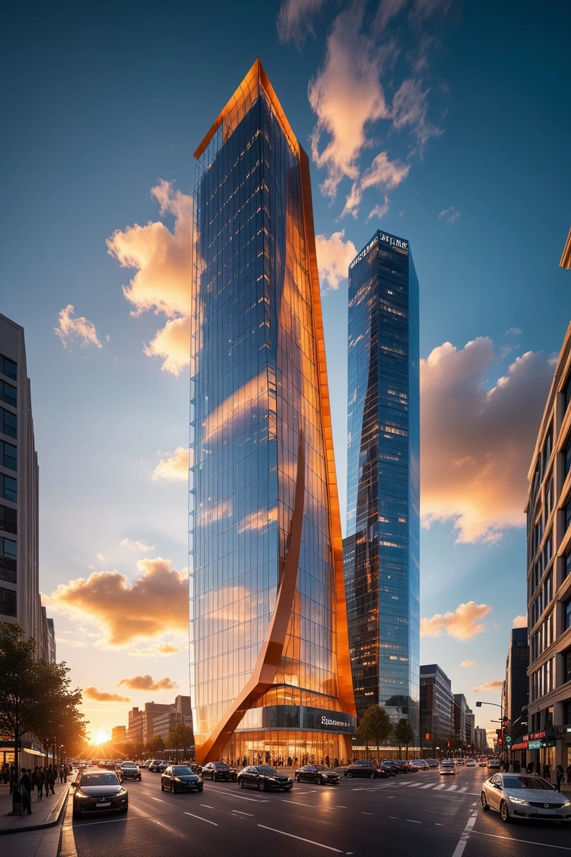 这是一座光滑的玻璃塔的建筑渲染图,背景是蓝天和缕缕云。太阳在背景中落下,在现场投射出温暖的橙色光芒。街道上车辆和行人熙熙攘攘,营造出热闹的城市氛围。该塔作为图像的焦点突出,展示了现代设计元素和简洁的线条。图像的整体风格是未来主义和动态的,强调形式和功能。 这是一座光滑的玻璃塔的建筑渲染图,背景是蓝天和缕缕云。太阳在背景中落下,在现场投射出温暖的橙色光芒。街道上车辆和行人熙熙攘攘,营造出热闹的城市氛围。该塔作为图像的焦点突出,展示了现代设计元素和简洁的线条。图像的整体风格是未来主义和动态的,强调形式和功能。