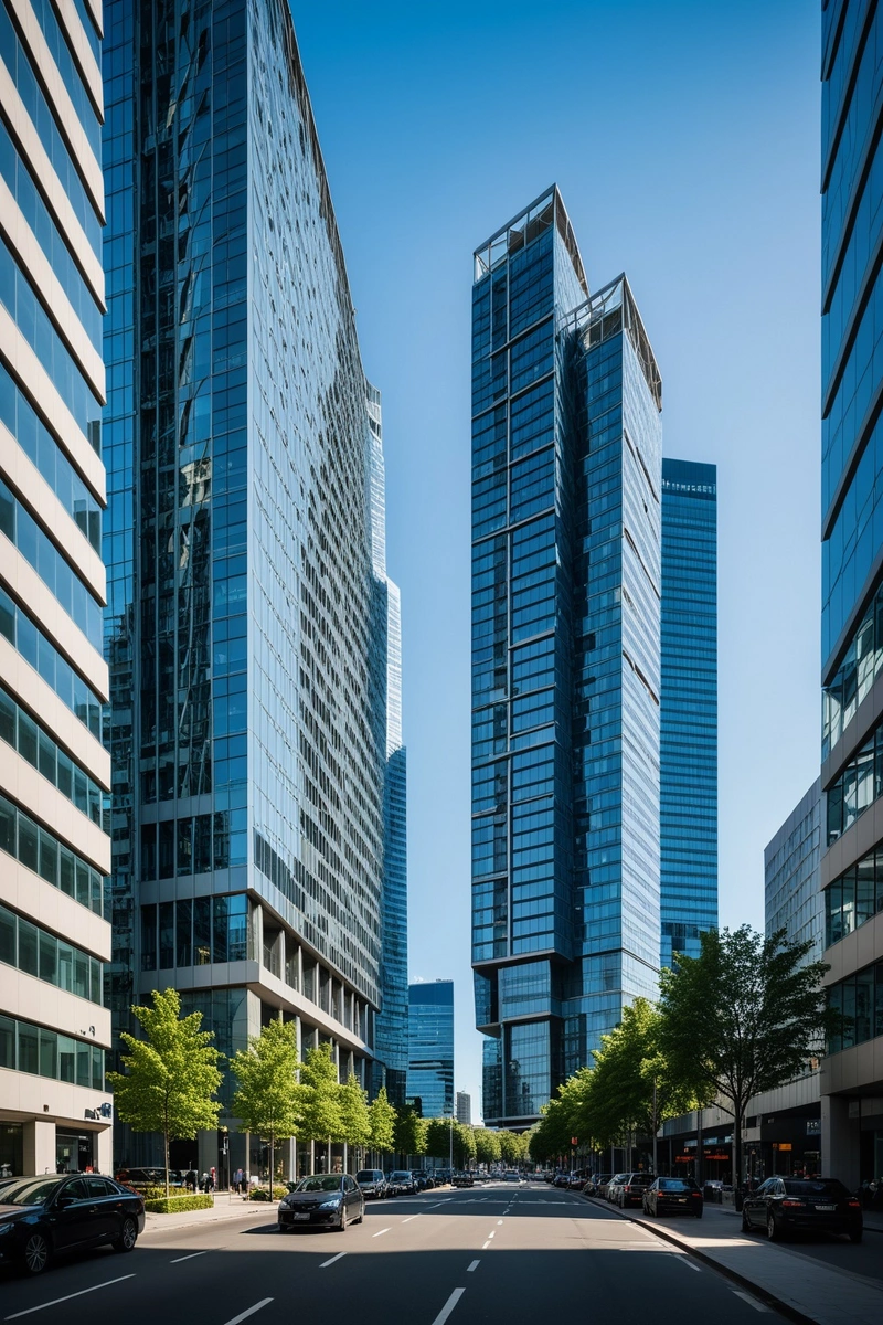 这幅图展示了一座外观独特的现代摩天大楼,屹立在熙熙攘攘的城市景观中。该建筑的特点是玻璃和钢铁的混合,给它一个时尚和未来的外观。这座摩天大楼坐落在一个角落,一座天桥将它与邻近的建筑连接起来。周围的环境由其他高层建筑、树木和街道上的汽车组成。这张照片拍摄于一个阳光明媚的日子,背景是蓝色的天空,营造出明亮活泼的氛围。该形象是当代城市建筑的典范,展示了现代建筑设计中形式与功能的融合。 这幅图展示了一座外观独特的现代摩天大楼,屹立在熙熙攘攘的城市景观中。该建筑的特点是玻璃和钢铁的混合,给它一个时尚和未来的外观。这座摩天大楼坐落在一个角落,一座天桥将它与邻近的建筑连接起来。周围的环境由其他高层建筑、树木和街道上的汽车组成。这张照片拍摄于一个阳光明媚的日子,背景是蓝色的天空,营造出明亮活泼的氛围。该形象是当代城市建筑的典范,展示了现代建筑设计中形式与功能的融合。