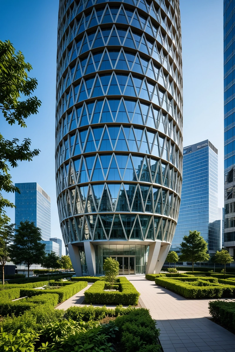 一座有着独特蛋形设计的现代办公大楼屹立在城市中。该建筑以网格状的外观为特色,由许多相互连接的三角形组成。建筑四周环绕着郁郁葱葱的花园,树木和灌木为城市景观增添了一丝自然气息。街道上汽车和摩托车熙熙攘攘,显示出熙熙攘攘的城市气氛。天空是清澈的蓝色,进一步增强了建筑的吸引力。这座建筑位于城市的中心,周围环绕着其他高层建筑。建筑风格是现代和未来主义的,独特的建筑设计使其与周围的建筑区别开来。蛋形建筑,格子外观,三角形网格,城市花园,繁忙的街道,清澈的蓝天,现代办公大楼,高大的城市建筑,现代建筑,未来主义设计。 一座有着独特蛋形设计的现代办公大楼屹立在城市中。该建筑以网格状的外观为特色,由许多相互连接的三角形组成。建筑四周环绕着郁郁葱葱的花园,树木和灌木为城市景观增添了一丝自然气息。街道上汽车和摩托车熙熙攘攘,显示出熙熙攘攘的城市气氛。天空是清澈的蓝色,进一步增强了建筑的吸引力。这座建筑位于城市的中心,周围环绕着其他高层建筑。建筑风格是现代和未来主义的,独特的建筑设计使其与周围的建筑区别开来。蛋形建筑,格子外观,三角形网格,城市花园,繁忙的街道,清澈的蓝天,现代办公大楼,高大的城市建筑,现代建筑,未来主义设计。