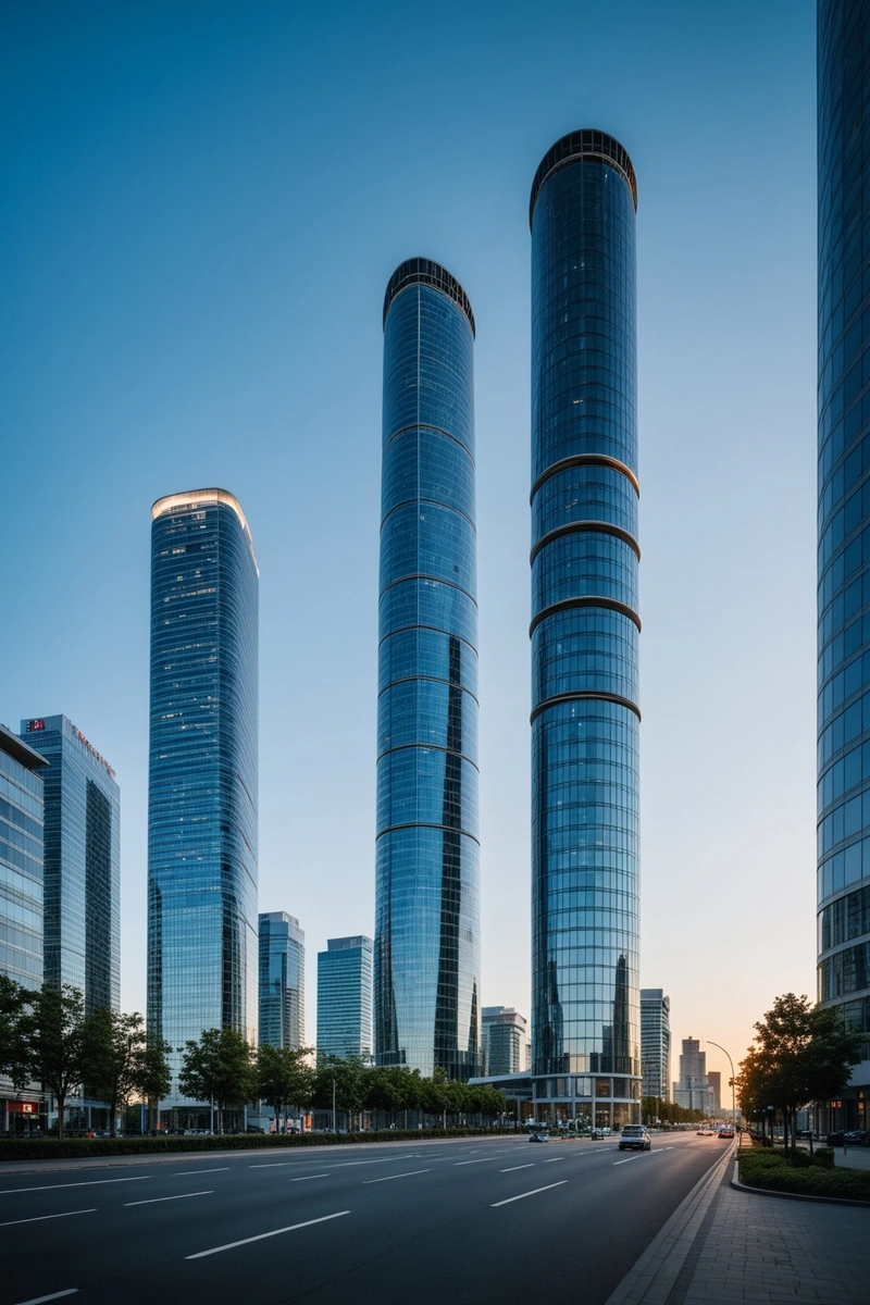 在图片中,有几座高层建筑,包括一个弯曲的玻璃塔,一个光滑的银色塔,和一个大的圆形建筑。这些建筑坐落在一条道路附近,道路顶部是黑色的,路边种了一些树。天空是晴朗的,明亮的蓝色,有几朵白云散落在整个。这张照片捕捉到了现代城市景观的精髓。 在图片中,有几座高层建筑,包括一个弯曲的玻璃塔,一个光滑的银色塔,和一个大的圆形建筑。这些建筑坐落在一条道路附近,道路顶部是黑色的,路边种了一些树。天空是晴朗的,明亮的蓝色,有几朵白云散落在整个。这张照片捕捉到了现代城市景观的精髓。