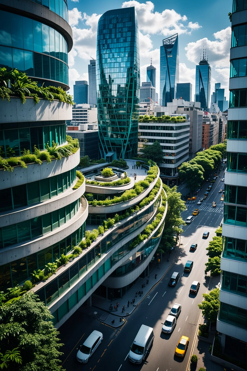 现代城市的鸟瞰图,中心是一座独特的、扭曲的建筑。周围的建筑是玻璃和混凝土的混合,一些建筑的立面上有绿色植物。街上汽车和出租车熙熙攘攘,表明这是繁忙的一天。天空是蓝色的,有几朵云,整体气氛是充满活力和活力的。 现代城市的鸟瞰图,中心是一座独特的、扭曲的建筑。周围的建筑是玻璃和混凝土的混合,一些建筑的立面上有绿色植物。街上汽车和出租车熙熙攘攘,表明这是繁忙的一天。天空是蓝色的,有几朵云,整体气氛是充满活力和活力的。