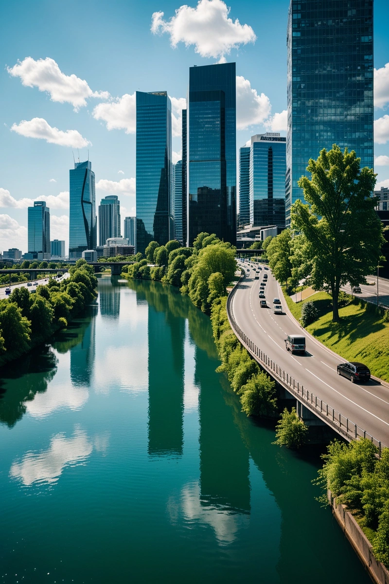 一座高层建筑耸立在城市上空,其光滑的黑色外墙反射着阳光。在它的左边,一条河流蜿蜒穿过城市景观,绿色的河水反射出河岸两旁的树木。一条繁忙的高速公路沿河而行,汽车和卡车在两个方向行驶。在远处,可以看到另一座桥横跨在河上。天空一片蔚蓝,点缀着几朵白云。这是一个现代的城市景观,有时尚的建筑和充满活力的绿色空间。 一座高层建筑耸立在城市上空,其光滑的黑色外墙反射着阳光。在它的左边,一条河流蜿蜒穿过城市景观,绿色的河水反射出河岸两旁的树木。一条繁忙的高速公路沿河而行,汽车和卡车在两个方向行驶。在远处,可以看到另一座桥横跨在河上。天空一片蔚蓝,点缀着几朵白云。这是一个现代的城市景观,有时尚的建筑和充满活力的绿色空间。