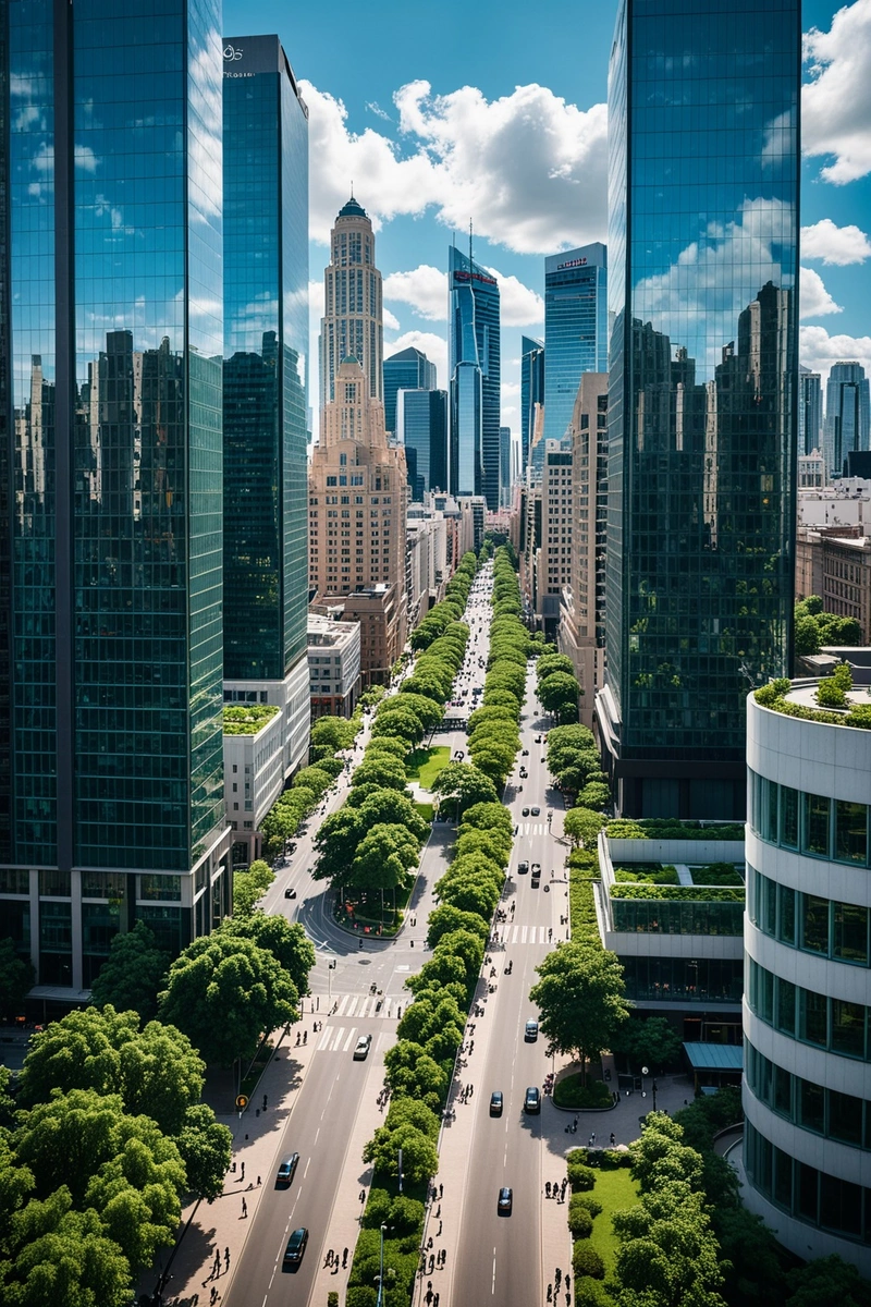 市中心高楼林立的城市景观。这些建筑是现代玻璃摩天大楼和传统的较短结构的混合体。天空是蓝色的,有白云。有一条繁忙的街道,许多人走来走去。这些建筑被绿色植物和树木所包围。城市的整体风格是现代与传统的结合,重点是可持续性和绿色空间。这张照片是从鸟瞰图拍摄的,给了这个城市一个独特的视角。 市中心高楼林立的城市景观。这些建筑是现代玻璃摩天大楼和传统的较短结构的混合体。天空是蓝色的,有白云。有一条繁忙的街道,许多人走来走去。这些建筑被绿色植物和树木所包围。城市的整体风格是现代与传统的结合,重点是可持续性和绿色空间。这张照片是从鸟瞰图拍摄的,给了这个城市一个独特的视角。