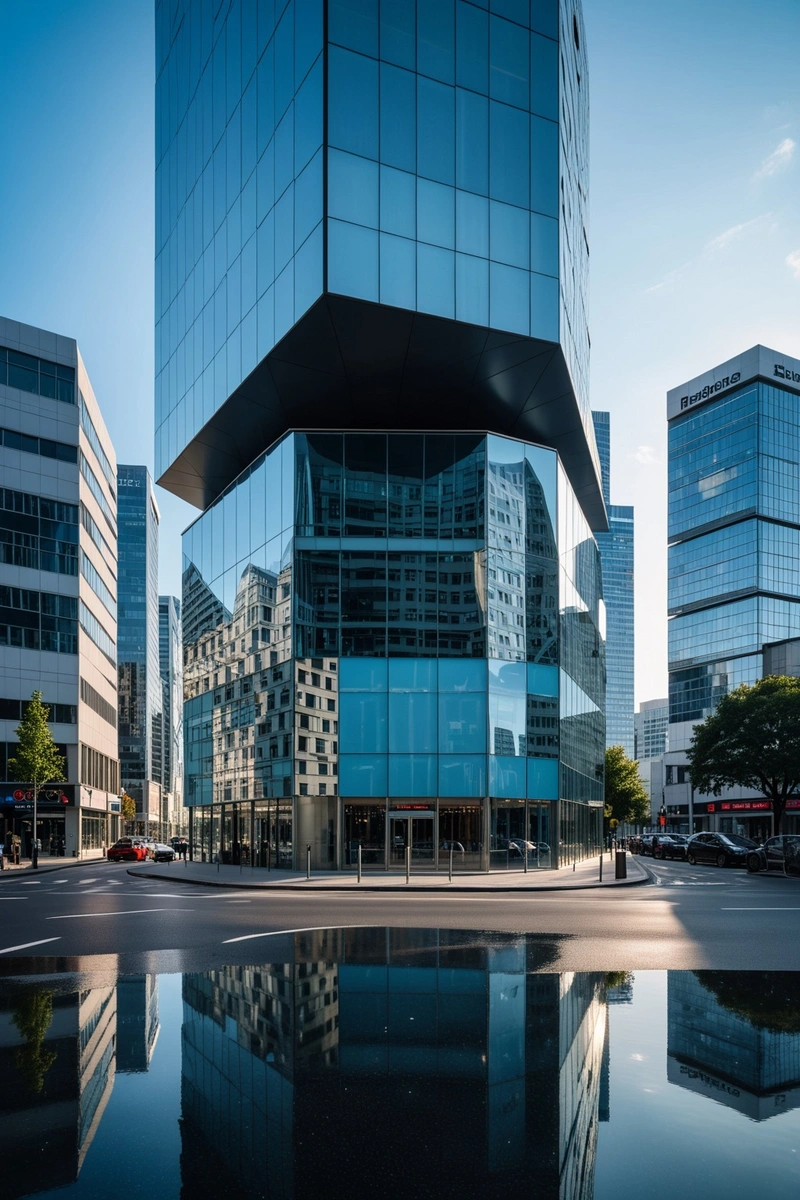 这幅图展示了一座独特而引人注目的建筑,它的外墙是反光玻璃。这座建筑在城市景观中脱颖而出,其立面呈六角形。它坐落在一条繁忙的道路附近,汽车和公共汽车经过。建筑的现代设计和反光表面与周围元素形成了有趣的对比。这幅图也捕捉到了城市的精髓,展示了现代建筑和城市生活的融合。这张照片是在一个晴朗的日子里拍摄的,蓝天是这座现代建筑的完美背景。 这幅图展示了一座独特而引人注目的建筑,它的外墙是反光玻璃。这座建筑在城市景观中脱颖而出,其立面呈六角形。它坐落在一条繁忙的道路附近,汽车和公共汽车经过。建筑的现代设计和反光表面与周围元素形成了有趣的对比。这幅图也捕捉到了城市的精髓,展示了现代建筑和城市生活的融合。这张照片是在一个晴朗的日子里拍摄的,蓝天是这座现代建筑的完美背景。