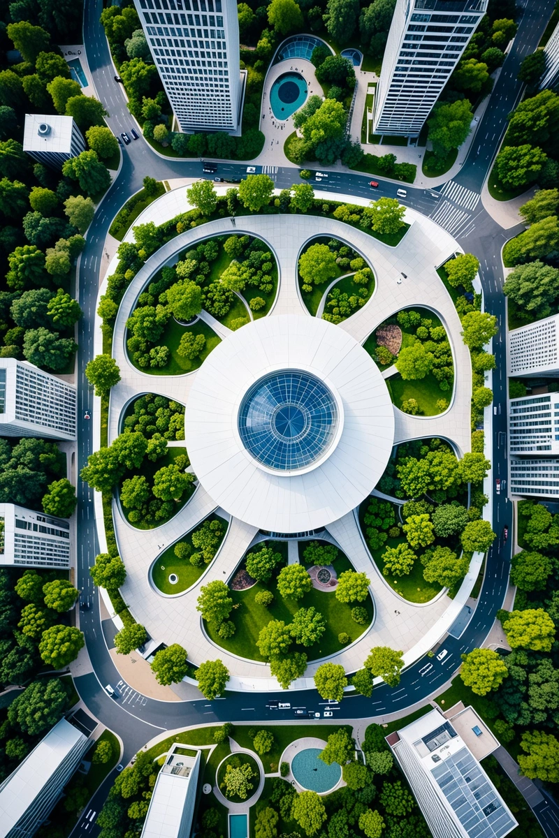 这张图片展示了一个现代城市的鸟瞰图,以一个设计独特的大型圆形建筑为特色。该建筑坐落在一个类似公园的环境中,周围环绕着步行道和绿地网络。城市的天际线和现代建筑在背景中清晰可见。这幅图捕捉了城市生活的精髓,展示了建筑、自然和交通的融合。图像的风格是现代和圆滑的,重点是建筑的建筑细节。色调以白色和灰色为主,周围的树木和植物点缀着淡淡的绿色。天气晴朗,没有下雨或多云的迹象。这个形象完美地体现了现代城市的审美和功能。 这张图片展示了一个现代城市的鸟瞰图,以一个设计独特的大型圆形建筑为特色。该建筑坐落在一个类似公园的环境中,周围环绕着步行道和绿地网络。城市的天际线和现代建筑在背景中清晰可见。这幅图捕捉了城市生活的精髓,展示了建筑、自然和交通的融合。图像的风格是现代和圆滑的,重点是建筑的建筑细节。色调以白色和灰色为主,周围的树木和植物点缀着淡淡的绿色。天气晴朗,没有下雨或多云的迹象。这个形象完美地体现了现代城市的审美和功能。
