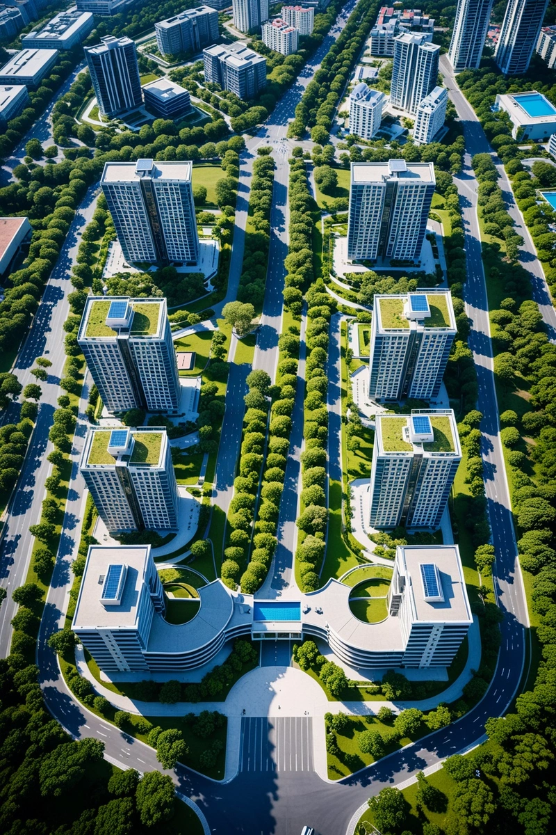 鸟瞰大型住宅和商业综合体,融合了现代和传统的建筑风格。该建筑群以一个中央公园、一个大型游泳池和几座高层建筑为特色。周边环境由树木、道路、住宅和商业建筑组成。这幅画描绘了一个阳光明媚的日子,蓝天绿树。这些建筑由玻璃和混凝土等材料制成,并带有一些越南传统建筑的元素。综合体的整体风格是现代和城市的,重点是可持续性和社区。该图像具有高水平的细节和准确性,展示了复杂的各种元素和组件。 鸟瞰大型住宅和商业综合体,融合了现代和传统的建筑风格。该建筑群以一个中央公园、一个大型游泳池和几座高层建筑为特色。周边环境由树木、道路、住宅和商业建筑组成。这幅画描绘了一个阳光明媚的日子,蓝天绿树。这些建筑由玻璃和混凝土等材料制成,并带有一些越南传统建筑的元素。综合体的整体风格是现代和城市的,重点是可持续性和社区。该图像具有高水平的细节和准确性,展示了复杂的各种元素和组件。