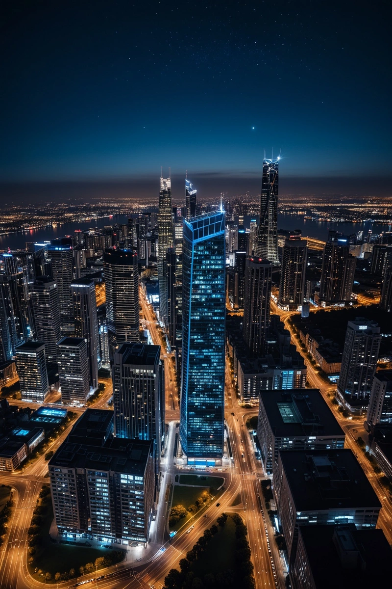 夜间城市景观,以高大、棱角分明的摩天大楼为特色,拥有独特的扭曲设计。这座建筑被点亮了,在周围地区投射出明亮的蓝光。在远处,可以看到城市的天际线,还有许多其他不同高度的建筑。这张照片是从空中拍摄的,俯瞰着繁忙的道路网络。天气似乎晴朗干燥,天空中没有可见的云。这张照片是用深蓝色调色板拍摄的,天空中可以看到几颗星星。 夜间城市景观,以高大、棱角分明的摩天大楼为特色,拥有独特的扭曲设计。这座建筑被点亮了,在周围地区投射出明亮的蓝光。在远处,可以看到城市的天际线,还有许多其他不同高度的建筑。这张照片是从空中拍摄的,俯瞰着繁忙的道路网络。天气似乎晴朗干燥,天空中没有可见的云。这张照片是用深蓝色调色板拍摄的,天空中可以看到几颗星星。