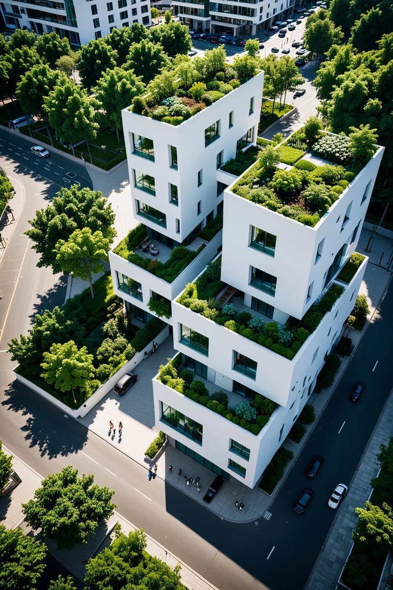 两座白色高楼的鸟瞰图,有很多楼层和绿色露台。这些建筑采用了现代和可持续的设计,在屋顶和立面的一些地方有很多绿色植物。建筑四周环绕着一条步行街,人们沿着人行道行走,树木沿着人行道种植。街上也有汽车。天空是蓝色的,阳光灿烂。这张照片是从上方俯瞰街道的角度拍摄的。 两座白色高楼的鸟瞰图,有很多楼层和绿色露台。这些建筑采用了现代和可持续的设计,在屋顶和立面的一些地方有很多绿色植物。建筑四周环绕着一条步行街,人们沿着人行道行走,树木沿着人行道种植。街上也有汽车。天空是蓝色的,阳光灿烂。这张照片是从上方俯瞰街道的角度拍摄的。
