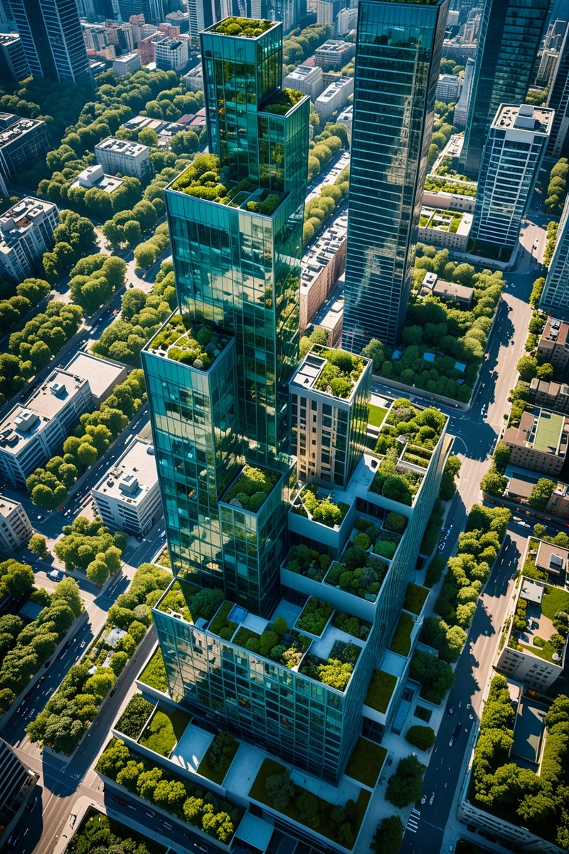 城市景观的鸟瞰图,有高楼大厦、街道和绿地。这些建筑都是现代风格的,有玻璃窗,有些还配有绿色屋顶。城市被树木环绕,创造了城市发展与自然之间的和谐感。这张照片拍摄于一个阳光明媚的日子,湛蓝的天空和温暖的阳光照亮了整个场景。 城市景观的鸟瞰图,有高楼大厦、街道和绿地。这些建筑都是现代风格的,有玻璃窗,有些还配有绿色屋顶。城市被树木环绕,创造了城市发展与自然之间的和谐感。这张照片拍摄于一个阳光明媚的日子,湛蓝的天空和温暖的阳光照亮了整个场景。