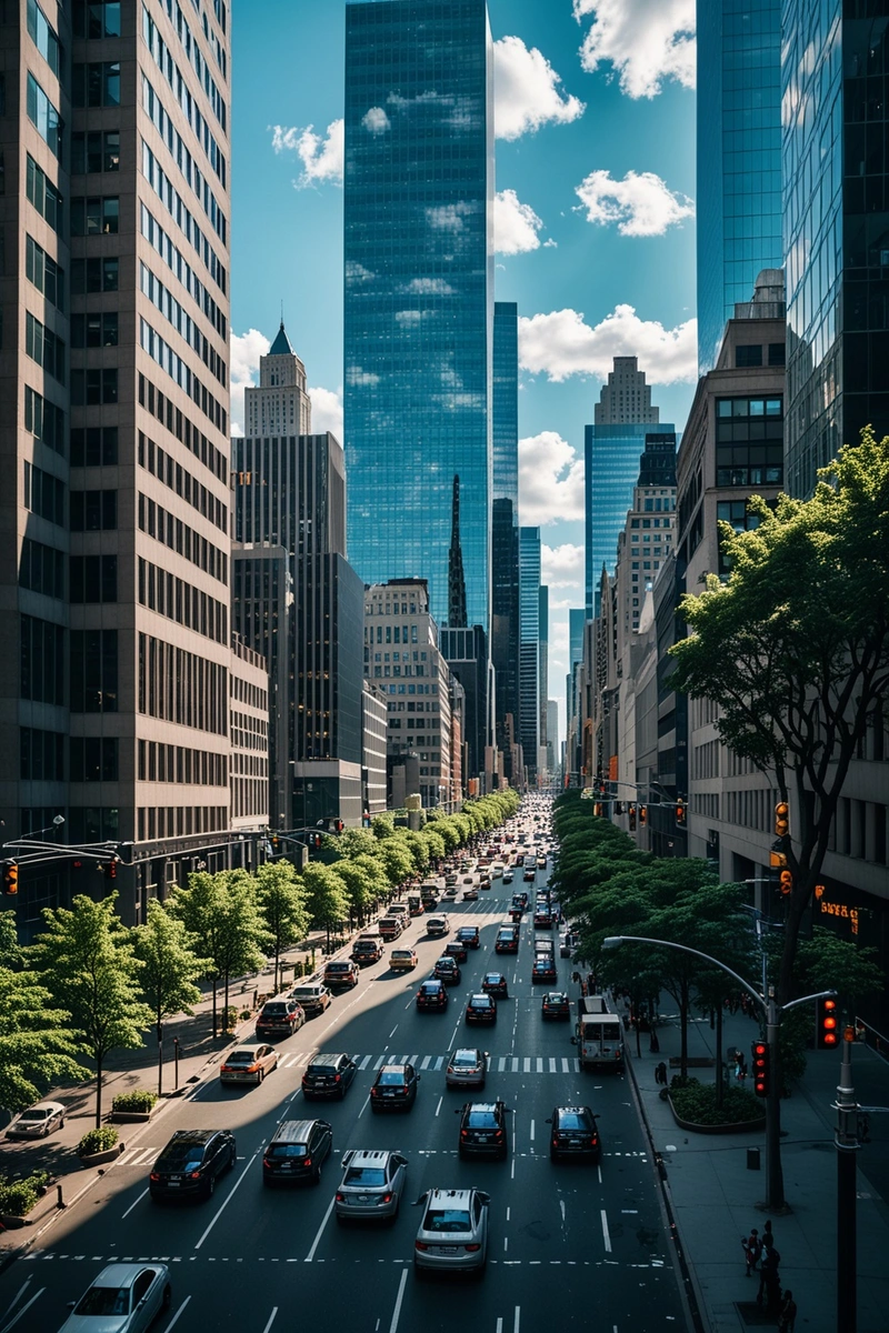熙熙攘攘的城市街道,挤满了汽车、卡车和行人。背景是高耸的高层建筑,包括左边的一座光滑的摩天大楼。街道两旁都是树木,还有人行横道和红绿灯。天空是蓝色的,散着云。 熙熙攘攘的城市街道,挤满了汽车、卡车和行人。背景是高耸的高层建筑,包括左边的一座光滑的摩天大楼。街道两旁都是树木,还有人行横道和红绿灯。天空是蓝色的,散着云。