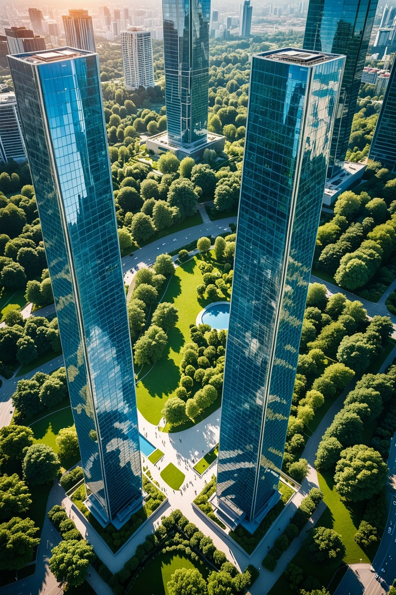 城市中两座现代玻璃摩天大楼的鸟瞰图,前景是一个大公园和花园。天空是蓝色的,阳光灿烂。 城市中两座现代玻璃摩天大楼的鸟瞰图,前景是一个大公园和花园。天空是蓝色的,阳光灿烂。
