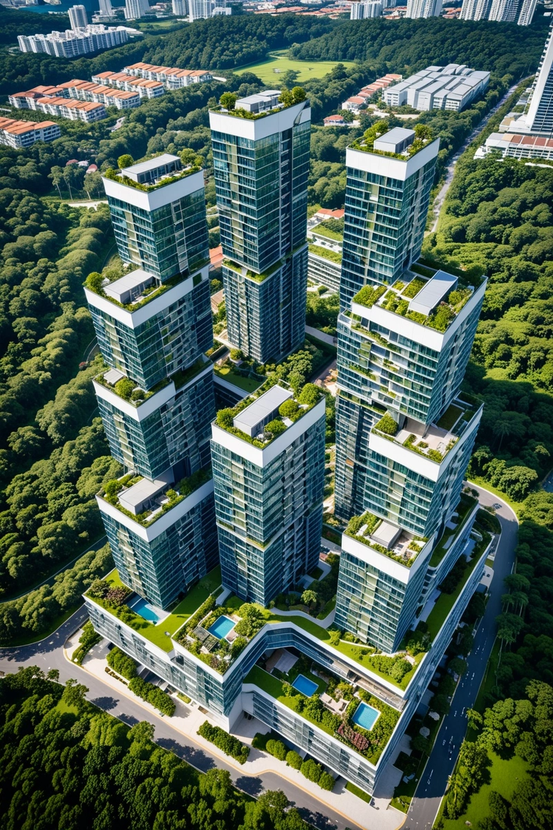 图为新加坡一座大型住宅综合体的鸟瞰图,具有独特而创新的建筑风格。该综合体由多个由天桥连接的塔楼组成,每个塔楼都有绿色屋顶和垂直花园。塔楼周围是郁郁葱葱的绿色景观,包括大片的森林区域。这张照片拍摄于一个阳光明媚的日子,湛蓝的天空和明亮的阳光照亮了建筑物和绿色植物。综合体的整体风格是现代的,环保的,可持续的,使它成为一个杰出的建筑成就。 图为新加坡一座大型住宅综合体的鸟瞰图,具有独特而创新的建筑风格。该综合体由多个由天桥连接的塔楼组成,每个塔楼都有绿色屋顶和垂直花园。塔楼周围是郁郁葱葱的绿色景观,包括大片的森林区域。这张照片拍摄于一个阳光明媚的日子,湛蓝的天空和明亮的阳光照亮了建筑物和绿色植物。综合体的整体风格是现代的,环保的,可持续的,使它成为一个杰出的建筑成就。