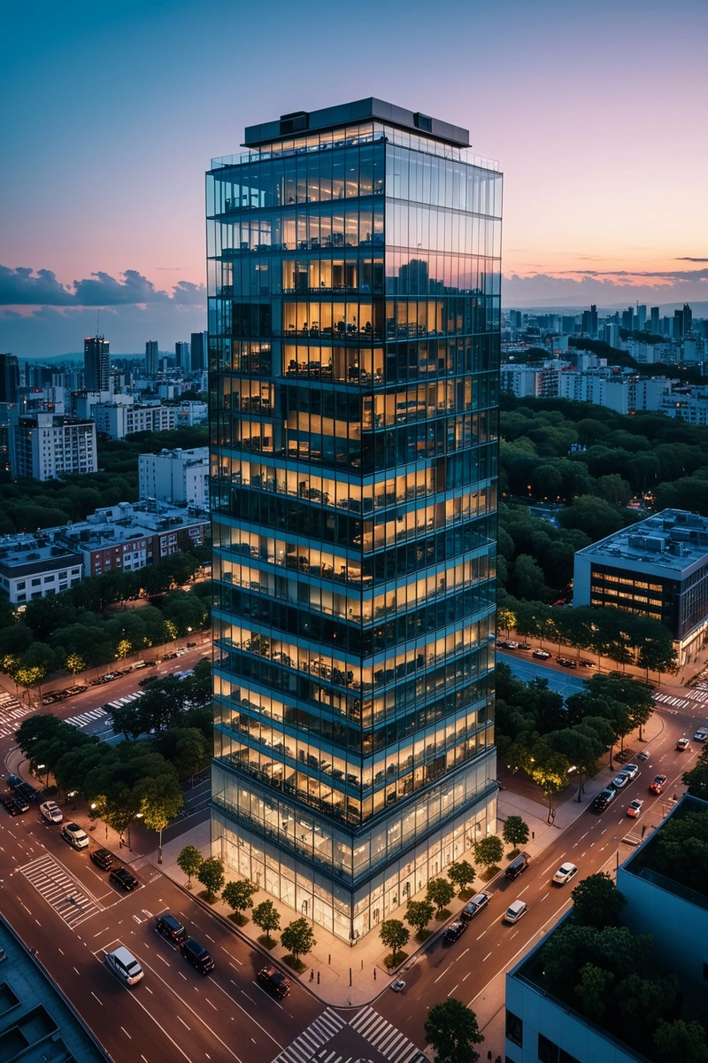 一座底部有玻璃平台的高大玻璃建筑的鸟瞰图。该建筑位于一个繁忙的城市景观的街角。街道两旁都是树,汽车驶过。天空是蓝色的,有一些云。这张照片是在黄昏时拍摄的。 一座底部有玻璃平台的高大玻璃建筑的鸟瞰图。该建筑位于一个繁忙的城市景观的街角。街道两旁都是树,汽车驶过。天空是蓝色的,有一些云。这张照片是在黄昏时拍摄的。