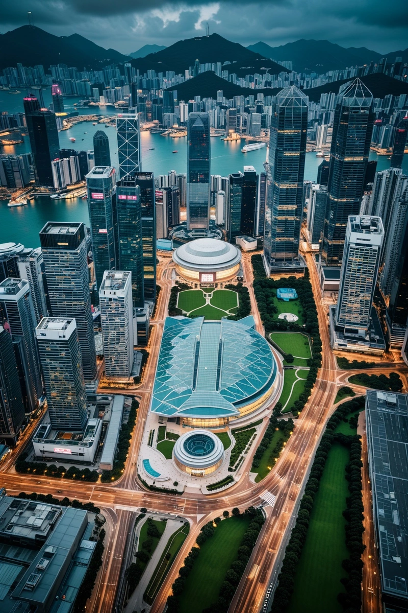香港会议展览中心鸟瞰图,周围环绕着摩天大楼和繁忙的道路网络。这张照片以其独特的设计和引人注目的特点捕捉了这座建筑的标志性性质。天空清澈湛蓝,增加了整体的明亮和开放感。绿色空间和景观的使用增加了城市的活力氛围。这一形象以其现代建筑和繁华的城市景观证明了香港作为全球金融中心的地位。 香港会议展览中心鸟瞰图,周围环绕着摩天大楼和繁忙的道路网络。这张照片以其独特的设计和引人注目的特点捕捉了这座建筑的标志性性质。天空清澈湛蓝,增加了整体的明亮和开放感。绿色空间和景观的使用增加了城市的活力氛围。这一形象以其现代建筑和繁华的城市景观证明了香港作为全球金融中心的地位。