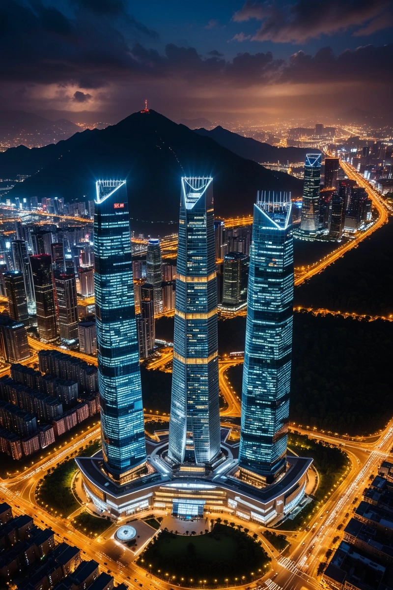 傍晚的莲花山国际金融中心鸟瞰图,城市的灯光照亮了现场。左边的建筑像一座山,比右边的塔矮,右边的塔像一座高耸的摩天大楼。两座建筑由一个看起来像博物馆的基地连接起来。天空阴云密布,天空中有几朵云,给场景增添了戏剧感。这个城市熙熙攘攘,汽车和公共汽车沿着街道行驶。这张照片是用无人机拍摄的,给了它一个独特的视角。 傍晚的莲花山国际金融中心鸟瞰图,城市的灯光照亮了现场。左边的建筑像一座山,比右边的塔矮,右边的塔像一座高耸的摩天大楼。两座建筑由一个看起来像博物馆的基地连接起来。天空阴云密布,天空中有几朵云,给场景增添了戏剧感。这个城市熙熙攘攘,汽车和公共汽车沿着街道行驶。这张照片是用无人机拍摄的,给了它一个独特的视角。