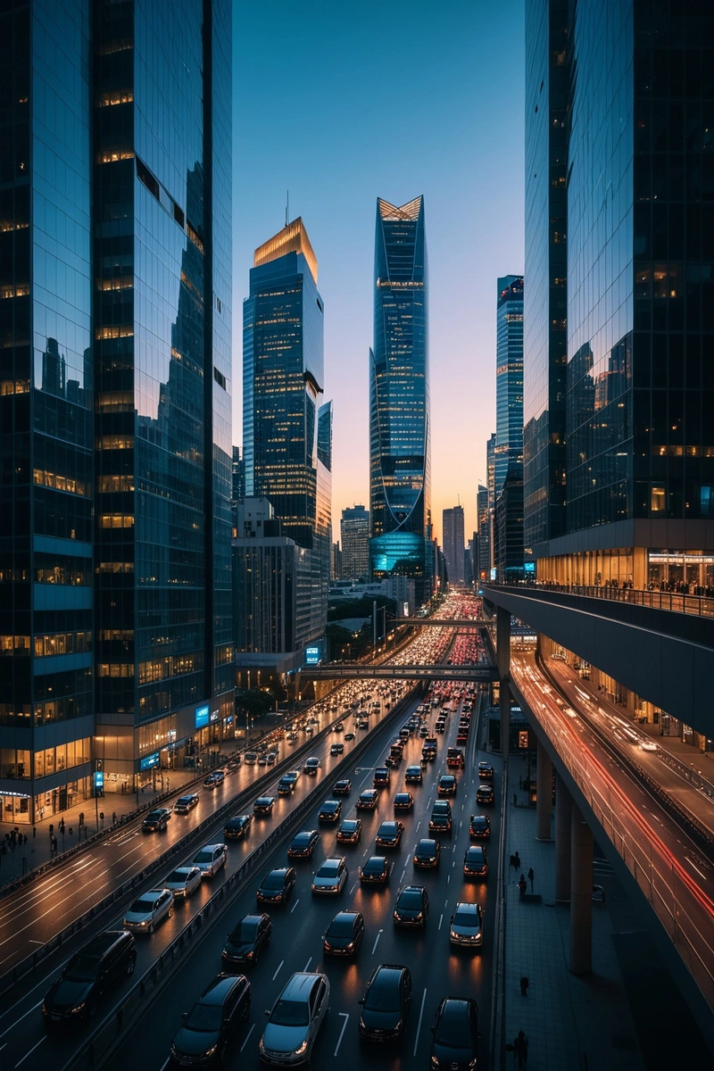 黄昏的城市景观,以一座玻璃幕墙的摩天大楼为特色,背景是其他几座摩天大楼,繁忙的高速公路上有汽车和交通,还有充满活力的蓝天。这张照片捕捉了现代城市的精髓,展示了其宏伟的建筑、繁华的街道和充满活力的氛围。摄影中使用的长时间曝光技术为场景增添了动感和活力,使其成为迷人的视觉体验。 黄昏的城市景观,以一座玻璃幕墙的摩天大楼为特色,背景是其他几座摩天大楼,繁忙的高速公路上有汽车和交通,还有充满活力的蓝天。这张照片捕捉了现代城市的精髓,展示了其宏伟的建筑、繁华的街道和充满活力的氛围。摄影中使用的长时间曝光技术为场景增添了动感和活力,使其成为迷人的视觉体验。