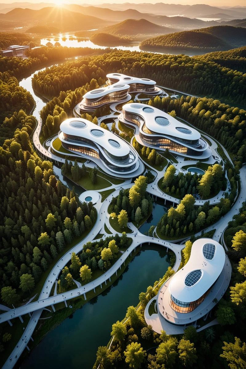 这是一个未来主义校园的鸟瞰图,周围是茂密的森林,坐落在河边。校园的特色是一系列具有独特建筑设计的曲线建筑。这些建筑由空中桥梁连接起来,在它们之间创造了无缝的流动。校园坐落在山顶上,周围的景色尽收眼底。天空阴云密布,但阳光透过,在建筑物上投下温暖的光芒,营造出梦幻般的气氛。 这是一个未来主义校园的鸟瞰图,周围是茂密的森林,坐落在河边。校园的特色是一系列具有独特建筑设计的曲线建筑。这些建筑由空中桥梁连接起来,在它们之间创造了无缝的流动。校园坐落在山顶上,周围的景色尽收眼底。天空阴云密布,但阳光透过,在建筑物上投下温暖的光芒,营造出梦幻般的气氛。
