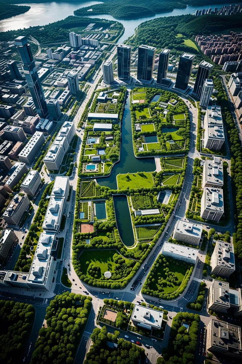 城市的鸟瞰图,左边是一个大型的、开放的方形建筑,与较小的、有绿色屋顶的矩形建筑相连。建筑被河流、绿地和两侧多车道的道路所包围。这座城市的背景是一片森林。这是一张鸟瞰图,天气似乎是晴朗的。 城市的鸟瞰图,左边是一个大型的、开放的方形建筑,与较小的、有绿色屋顶的矩形建筑相连。建筑被河流、绿地和两侧多车道的道路所包围。这座城市的背景是一片森林。这是一张鸟瞰图,天气似乎是晴朗的。