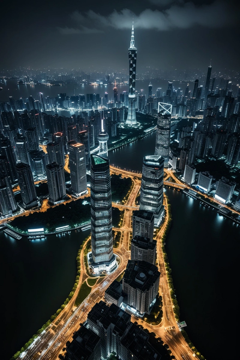 夜景鸟瞰图,现代摩天大楼和繁忙的街道灯火通明。这张照片捕捉了城市景观的精髓,展示了包括广州塔在内的高层建筑,它们有着独特的建筑风格。这座城市还点缀着较小的住宅楼和绿地。这幅画有一种黑暗和忧郁的气氛,灰色的天空和一条穿过城市的河流。这张照片是从高处拍摄的,给人一种景深感。这张图片是黑白的,在黑暗的背景下,有一些绿色的口音很突出。图片由万社天提供。 夜景鸟瞰图,现代摩天大楼和繁忙的街道灯火通明。这张照片捕捉了城市景观的精髓,展示了包括广州塔在内的高层建筑,它们有着独特的建筑风格。这座城市还点缀着较小的住宅楼和绿地。这幅画有一种黑暗和忧郁的气氛,灰色的天空和一条穿过城市的河流。这张照片是从高处拍摄的,给人一种景深感。这张图片是黑白的,在黑暗的背景下,有一些绿色的口音很突出。图片由万社天提供。