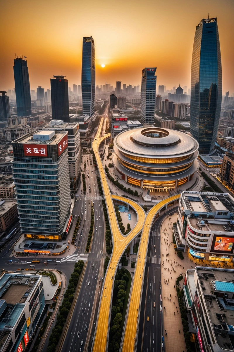 中国西安的西安兴广场鸟瞰图,以现代摩天大楼和独特的波浪形购物中心为特色。这张照片是在日落时拍摄的,天空中有一种温暖的黄色色调。城市的天际线在背景中清晰可见,展示了传统和现代建筑的结合。这幅画的背景是一条繁忙的道路,汽车和公共汽车在城市中穿行。的标签 中国西安的西安兴广场鸟瞰图,以现代摩天大楼和独特的波浪形购物中心为特色。这张照片是在日落时拍摄的,天空中有一种温暖的黄色色调。城市的天际线在背景中清晰可见,展示了传统和现代建筑的结合。这幅画的背景是一条繁忙的道路,汽车和公共汽车在城市中穿行。的标签