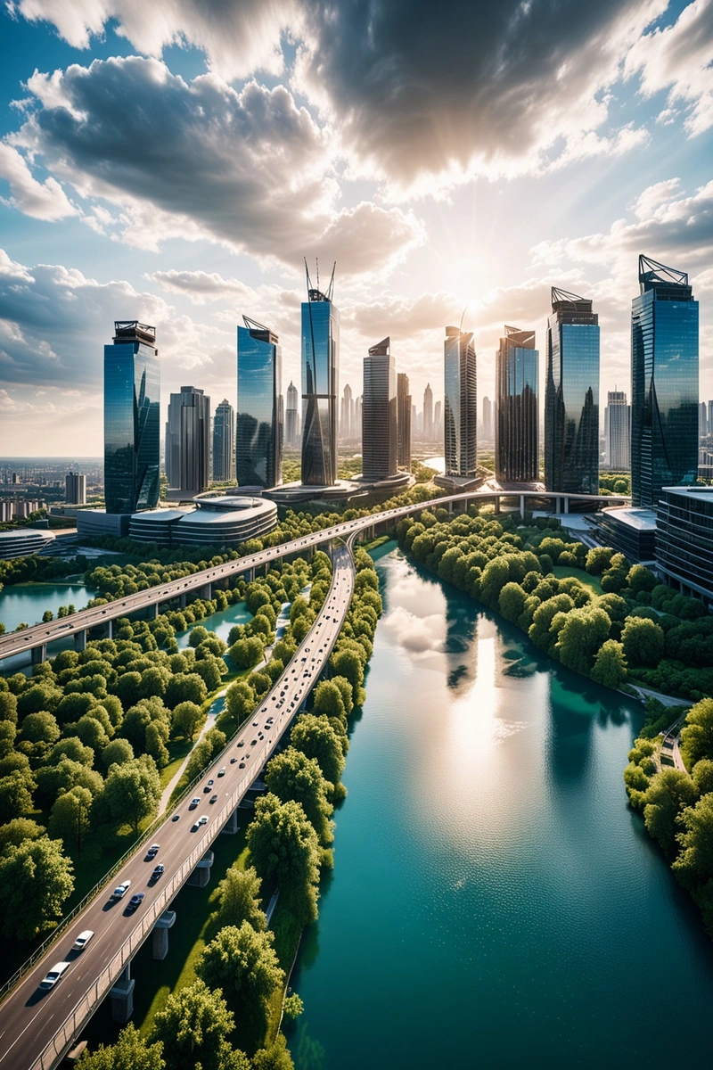 现代城市的鸟瞰图,有高楼大厦、一条河和一座桥。这些建筑是玻璃和钢结构,具有时尚和未来主义的风格。河流被树木环绕,形成天然的绿色边界。天空是蓝色的,白云,创造了一个明亮和阳光明媚的气氛。该图像是使用逼真的渲染技术捕获的。 现代城市的鸟瞰图,有高楼大厦、一条河和一座桥。这些建筑是玻璃和钢结构,具有时尚和未来主义的风格。河流被树木环绕,形成天然的绿色边界。天空是蓝色的,白云,创造了一个明亮和阳光明媚的气氛。该图像是使用逼真的渲染技术捕获的。