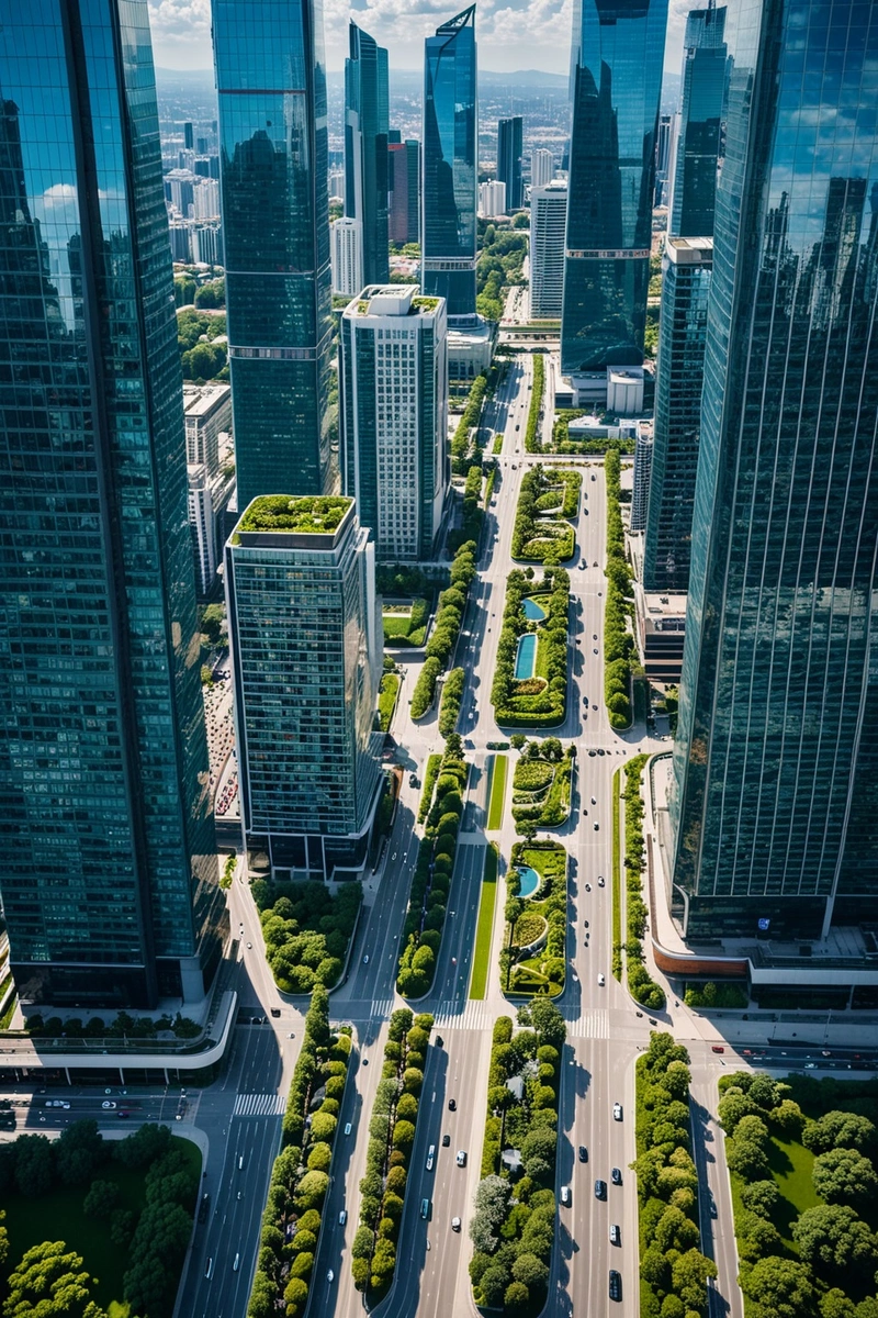 一个现代城市商业区的鸟瞰图,以高大的玻璃摩天大楼和中央花园和公园为特色。这些建筑被一条繁忙的高速公路和轻轨系统所包围。天空是蓝色的,有白云。 一个现代城市商业区的鸟瞰图,以高大的玻璃摩天大楼和中央花园和公园为特色。这些建筑被一条繁忙的高速公路和轻轨系统所包围。天空是蓝色的,有白云。