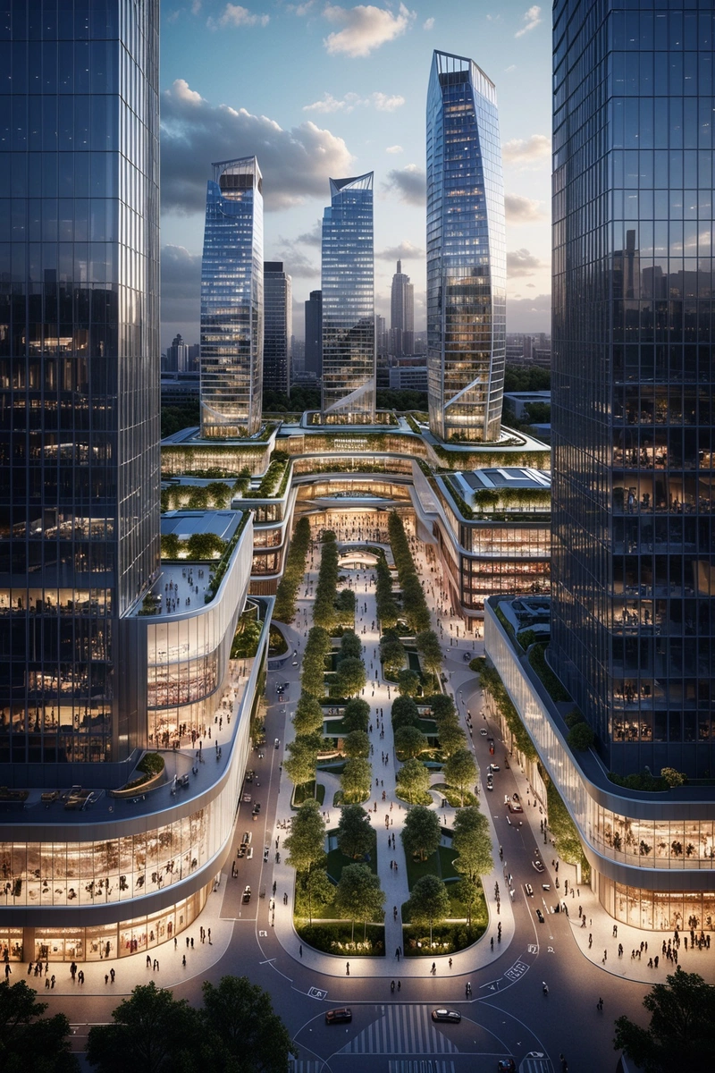 城市中大型综合开发项目的航拍效果图。项目的核心是一个巨大的玻璃购物中心,它以一种有机的、几乎是生物的方式卷曲和扭曲。购物中心周围是三座高大的玻璃摩天大楼,其中两座几乎完工,第三座仍处于早期建设阶段。周围环境郁郁葱葱,左边是一个大型的森林公园,左边是一条繁忙的道路,汽车和公共汽车在那里。天空是蓝色的,有白云,预示着一个晴朗的晴天。项目的整体风格是现代和时尚的,重点是可持续性和绿色空间。构图是精心平衡的,高层建筑提供了一种规模感,有机购物中心吸引了人们的眼球。光影的运用增加了画面的深度和趣味性。 城市中大型综合开发项目的航拍效果图。项目的核心是一个巨大的玻璃购物中心,它以一种有机的、几乎是生物的方式卷曲和扭曲。购物中心周围是三座高大的玻璃摩天大楼,其中两座几乎完工,第三座仍处于早期建设阶段。周围环境郁郁葱葱,左边是一个大型的森林公园,左边是一条繁忙的道路,汽车和公共汽车在那里。天空是蓝色的,有白云,预示着一个晴朗的晴天。项目的整体风格是现代和时尚的,重点是可持续性和绿色空间。构图是精心平衡的,高层建筑提供了一种规模感,有机购物中心吸引了人们的眼球。光影的运用增加了画面的深度和趣味性。