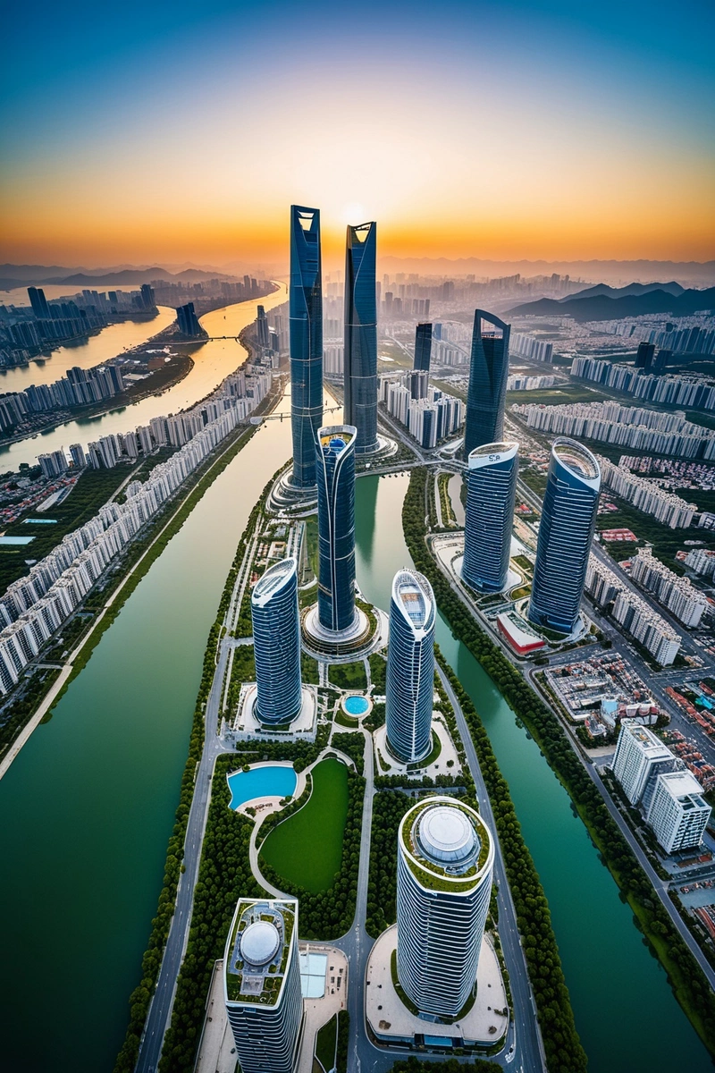 中国福建省福州市鸟瞰图,厦门国际中心的三座摩天大楼。这张照片捕捉到了城市的现代建筑和绿色空间,包括一条穿过城市中心的河流。天空晴朗而湛蓝,表明今天是晴天。该形象是现代城市规划的一个很好的例子,将商业和住宅区纳入城市景观。色彩和光线的运用是引人注目的,蓝色的天空与绿色的河流和建筑形成鲜明对比。构图平衡得很好,三座塔是图像的焦点。这张照片是现代城市摄影的典范,展现了城市的进步与发展。 中国福建省福州市鸟瞰图,厦门国际中心的三座摩天大楼。这张照片捕捉到了城市的现代建筑和绿色空间,包括一条穿过城市中心的河流。天空晴朗而湛蓝,表明今天是晴天。该形象是现代城市规划的一个很好的例子,将商业和住宅区纳入城市景观。色彩和光线的运用是引人注目的,蓝色的天空与绿色的河流和建筑形成鲜明对比。构图平衡得很好,三座塔是图像的焦点。这张照片是现代城市摄影的典范,展现了城市的进步与发展。