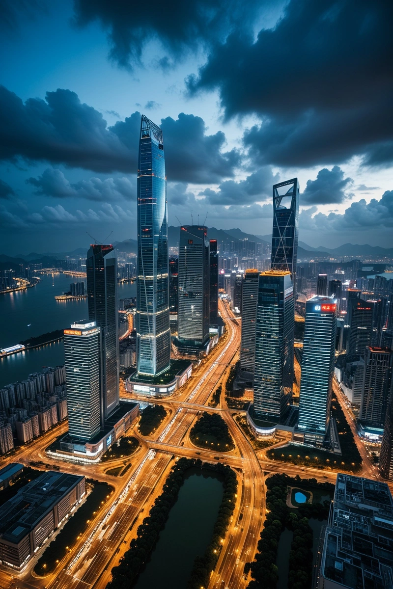 这是中国深圳的鸟瞰图,以玻璃外墙的大型现代摩天大楼为特色。摩天大楼的周围是一些较小的建筑、一条河和一条高速公路。夜晚,这座城市灯火通明,营造出充满活力和繁华的氛围。这张照片是在一个多云的日子里拍摄的,天空中有蓝色和灰色的云。城市景观是现代城市设计的完美范例,高楼大厦、公园和绿地混合在一起。这幅图构图很好,以摩天大楼为中心焦点,周围环绕着其他建筑和元素。光影的运用增加了图像的深度和质感,使其成为现代城市生活的绝佳表现。 这是中国深圳的鸟瞰图,以玻璃外墙的大型现代摩天大楼为特色。摩天大楼的周围是一些较小的建筑、一条河和一条高速公路。夜晚,这座城市灯火通明,营造出充满活力和繁华的氛围。这张照片是在一个多云的日子里拍摄的,天空中有蓝色和灰色的云。城市景观是现代城市设计的完美范例,高楼大厦、公园和绿地混合在一起。这幅图构图很好,以摩天大楼为中心焦点,周围环绕着其他建筑和元素。光影的运用增加了图像的深度和质感,使其成为现代城市生活的绝佳表现。