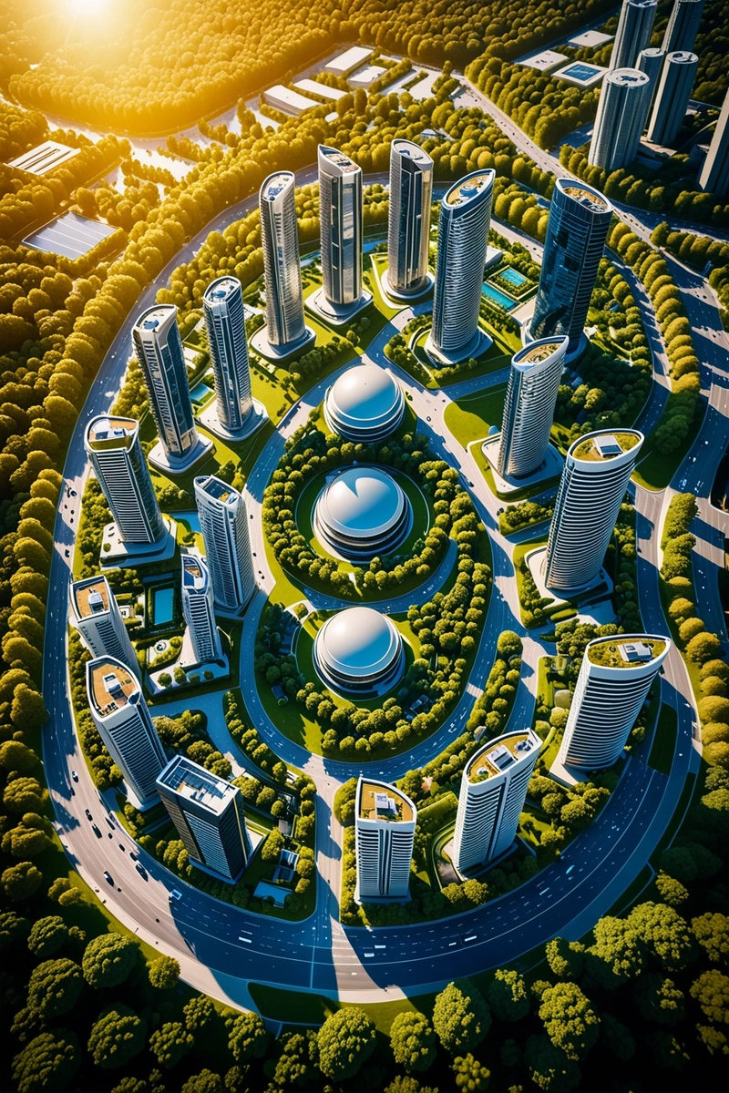 这是未来主义城市的鸟瞰图,有光滑、弯曲的摩天大楼和现代的圆形建筑。城市被树木和公园环绕着。建筑设计为现代风格,线条简洁,几何形状。这张照片有一种温暖的金色光线,突出了建筑物,并创造了一种深度感。天空是清澈的蓝色,整体情绪是乐观和进步的。 这是未来主义城市的鸟瞰图,有光滑、弯曲的摩天大楼和现代的圆形建筑。城市被树木和公园环绕着。建筑设计为现代风格,线条简洁,几何形状。这张照片有一种温暖的金色光线,突出了建筑物,并创造了一种深度感。天空是清澈的蓝色,整体情绪是乐观和进步的。