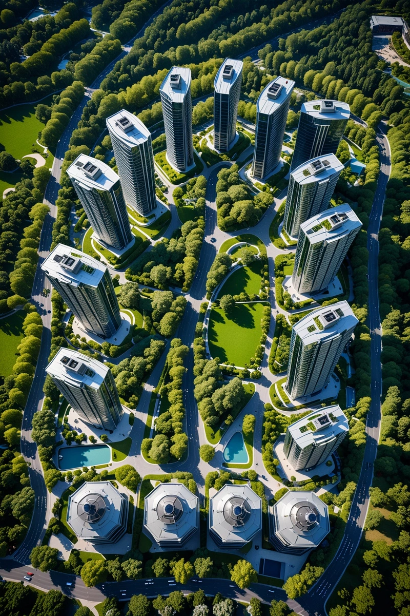 一个未来城市的鸟瞰图,有高耸的建筑,一个中央公园,以及住宅和商业空间的混合。这些建筑的设计风格圆滑而现代,有玻璃外墙和弯曲的边缘。这座城市被郁郁葱葱的绿色景观所环绕,包括树木和花园,坐落在一个山谷中,背景是山脉。天空是蓝色的,有缕缕的云,创造了一个明亮和阳光明媚的气氛。城市的整体风格是时尚和现代的,重点是可持续性和绿色空间。这张照片是从无人机上拍摄的鸟瞰图,捕捉到了现代城市景观的精髓。 一个未来城市的鸟瞰图,有高耸的建筑,一个中央公园,以及住宅和商业空间的混合。这些建筑的设计风格圆滑而现代,有玻璃外墙和弯曲的边缘。这座城市被郁郁葱葱的绿色景观所环绕,包括树木和花园,坐落在一个山谷中,背景是山脉。天空是蓝色的,有缕缕的云,创造了一个明亮和阳光明媚的气氛。城市的整体风格是时尚和现代的,重点是可持续性和绿色空间。这张照片是从无人机上拍摄的鸟瞰图,捕捉到了现代城市景观的精髓。