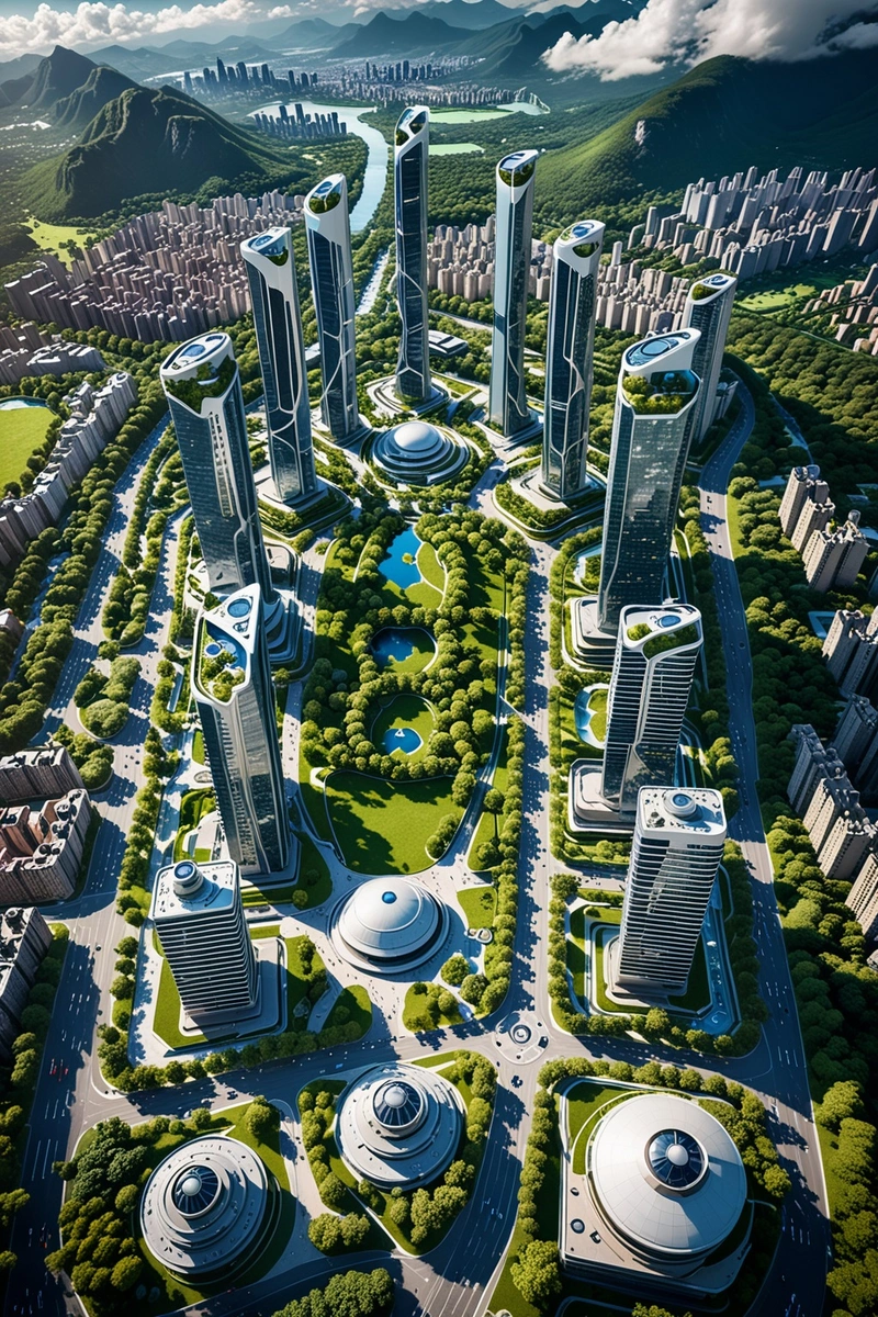 这是一座未来城市的鸟瞰图，有高耸的建筑和中央公园。这些建筑被设计成各种形状和大小，周围环绕着绿色植物和人行道。这座城市坐落在一个山谷中，背后是群山。天空是蓝色的，有白云。这幅图捕捉到了城市规划创新和进步的本质。