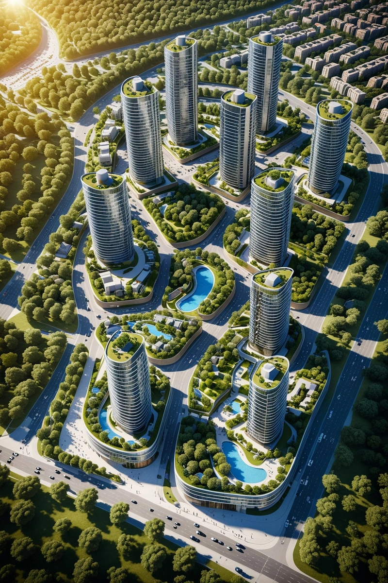 拟建城市发展的鸟瞰图,展示了高层建筑、住宅区、绿地和商业区的组合。建筑以现代风格设计,具有弯曲的边缘和玻璃立面。景观包括树木、公园和人行道,为居民和游客提供了一个愉快的环境。这座城市位于丘陵地区,建筑以一种利用自然地形的方式排列。这张照片拍摄于一个阳光明媚的日子,湛蓝的天空和明亮的阳光照亮了整个场景。 拟建城市发展的鸟瞰图,展示了高层建筑、住宅区、绿地和商业区的组合。建筑以现代风格设计,具有弯曲的边缘和玻璃立面。景观包括树木、公园和人行道,为居民和游客提供了一个愉快的环境。这座城市位于丘陵地区,建筑以一种利用自然地形的方式排列。这张照片拍摄于一个阳光明媚的日子,湛蓝的天空和明亮的阳光照亮了整个场景。