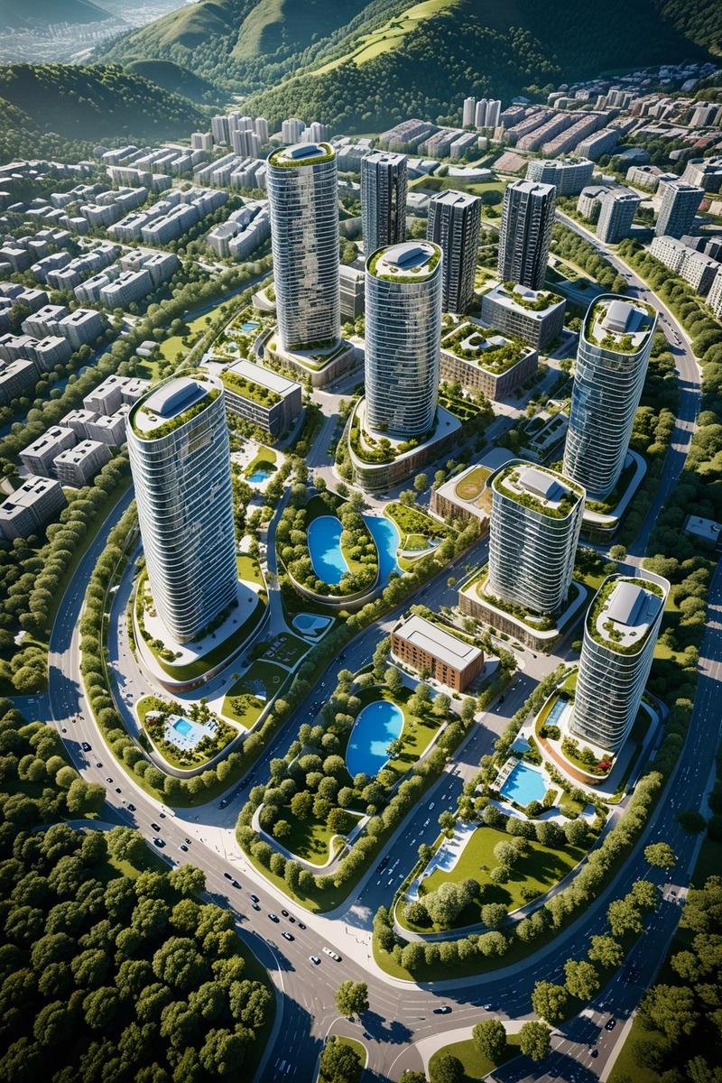 拟建城市发展的鸟瞰图,展示了高层建筑、绿地和城市设施的组合。建筑以现代风格设计,具有弯曲的边缘和玻璃立面。景观包括公园、花园和人行道,为居民和游客提供了一个郁郁葱葱的绿色环境。这座城市位于丘陵地带,开发区坐落在丘陵和山谷之间。这张照片是在一个阳光明媚的日子里拍摄的,清澈的蓝天和明亮的阳光照亮了整个场景。整体构图平衡,视觉上吸引人,建筑和绿色空间相互作用,创造出充满活力和动态的城市景观。 拟建城市发展的鸟瞰图,展示了高层建筑、绿地和城市设施的组合。建筑以现代风格设计,具有弯曲的边缘和玻璃立面。景观包括公园、花园和人行道,为居民和游客提供了一个郁郁葱葱的绿色环境。这座城市位于丘陵地带,开发区坐落在丘陵和山谷之间。这张照片是在一个阳光明媚的日子里拍摄的,清澈的蓝天和明亮的阳光照亮了整个场景。整体构图平衡,视觉上吸引人,建筑和绿色空间相互作用,创造出充满活力和动态的城市景观。