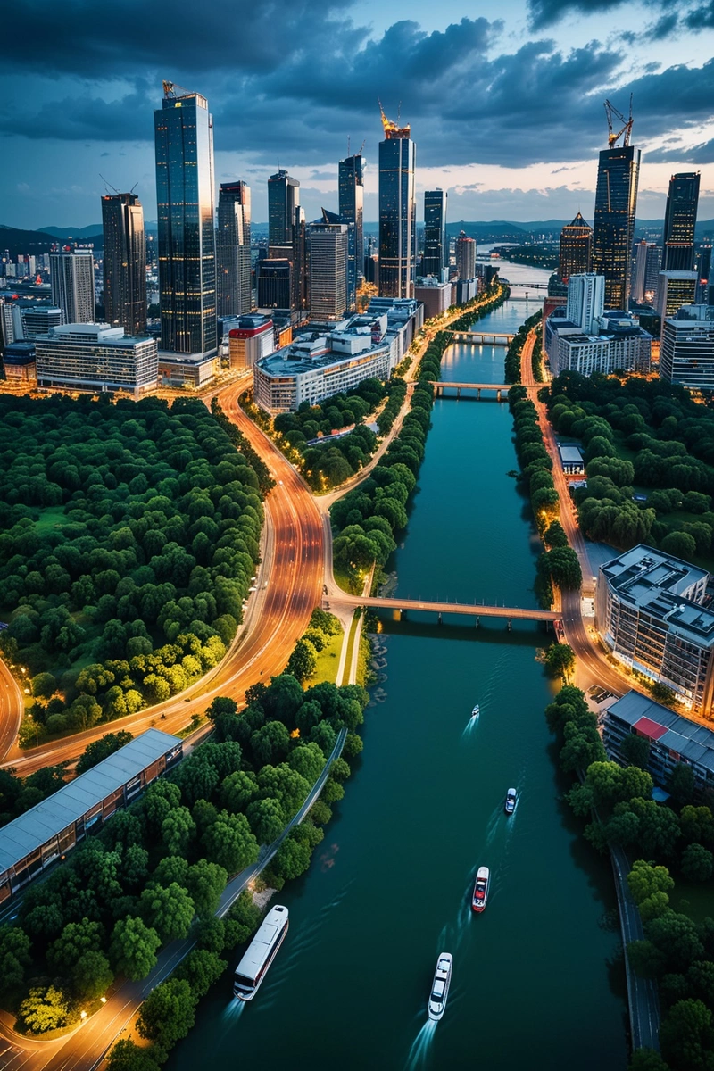 这是熙熙攘攘的城市的鸟瞰图,街道两旁耸立着高楼大厦。一条河流蜿蜒穿过城市,将高楼与住宅区分隔开来。这幅图捕捉了城市生活的精髓,展示了自然与建筑之间的相互作用。这座城市熙熙攘攘,汽车和卡车沿着道路和高速公路行驶。这幅画是现代与传统的完美结合,高耸的建筑和传统的河流。图像中色彩的运用是充满活力的,建筑和车辆与树木的绿色和河流的蓝色形成鲜明对比。天气晴朗,没有下雨或暴风雨的迹象。这幅图令人惊叹地展示了这座城市的成长和发展。 这是熙熙攘攘的城市的鸟瞰图,街道两旁耸立着高楼大厦。一条河流蜿蜒穿过城市,将高楼与住宅区分隔开来。这幅图捕捉了城市生活的精髓,展示了自然与建筑之间的相互作用。这座城市熙熙攘攘,汽车和卡车沿着道路和高速公路行驶。这幅画是现代与传统的完美结合,高耸的建筑和传统的河流。图像中色彩的运用是充满活力的,建筑和车辆与树木的绿色和河流的蓝色形成鲜明对比。天气晴朗,没有下雨或暴风雨的迹象。这幅图令人惊叹地展示了这座城市的成长和发展。