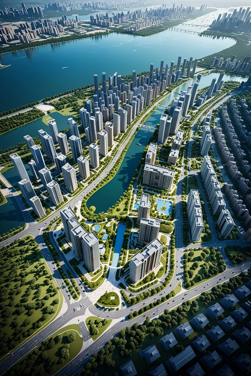 中国拟建的一个城市发展项目的空中渲染图,以一个大型中央公园、多个住宅和商业建筑、一条铁路线和一个湖泊为特色。该地区被道路和高速公路网络所包围。这座城市坐落在一个巨大的水体旁边,摩天大楼主宰着现代的天际线。建筑的整体风格是现代的,混合了材料和颜色。景观包括各种各样的树木、花园和人行道。天气似乎是多云的,在图像的左上角可以看到蓝色的天空。这是招标阶段的概念效图,该区域规划有待政府批准。 中国拟建的一个城市发展项目的空中渲染图,以一个大型中央公园、多个住宅和商业建筑、一条铁路线和一个湖泊为特色。该地区被道路和高速公路网络所包围。这座城市坐落在一个巨大的水体旁边,摩天大楼主宰着现代的天际线。建筑的整体风格是现代的,混合了材料和颜色。景观包括各种各样的树木、花园和人行道。天气似乎是多云的,在图像的左上角可以看到蓝色的天空。这是招标阶段的概念效图,该区域规划有待政府批准。