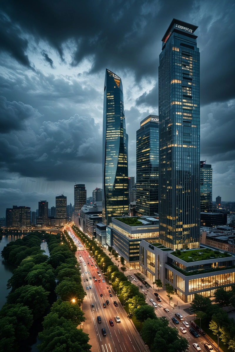 一座城市的鸟瞰图,中心是一座高大、圆滑的建筑。建筑的周围是其他大小不一的建筑,有些是玻璃外墙。这座城市坐落在一条河边,船只往来。天空阴云密布,乌云密布。这个场景还包括树木、街道和汽车。建筑的整体风格是现代的,注重功能和美学。构图平衡,高层建筑成为焦点。调色板以灰色为主,还有一些来自树木的绿色。这幅图捕捉到了现代城市的精髓,新旧建筑混合在一起。 一座城市的鸟瞰图,中心是一座高大、圆滑的建筑。建筑的周围是其他大小不一的建筑,有些是玻璃外墙。这座城市坐落在一条河边,船只往来。天空阴云密布,乌云密布。这个场景还包括树木、街道和汽车。建筑的整体风格是现代的,注重功能和美学。构图平衡,高层建筑成为焦点。调色板以灰色为主,还有一些来自树木的绿色。这幅图捕捉到了现代城市的精髓,新旧建筑混合在一起。