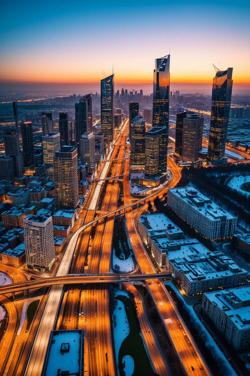 以高大的现代建筑为特色的城市天际线鸟瞰图。这些建筑由银色玻璃材料制成,在城市的背景下脱颖而出。天空是灰蒙蒙的蓝色,太阳正在落下,在建筑物上投下温暖的橙色光芒。在前景中,一条高速公路穿过城市,地面上有积雪。城市景观中充满了各种高度和风格的其他建筑,公园和绿地遍布整个地区。这座城市的整体风格是现代和时尚,注重科技和创新。图像具有积极,热闹的气氛,光和色彩的使用创造了一种能量和兴奋的感觉。 以高大的现代建筑为特色的城市天际线鸟瞰图。这些建筑由银色玻璃材料制成,在城市的背景下脱颖而出。天空是灰蒙蒙的蓝色,太阳正在落下,在建筑物上投下温暖的橙色光芒。在前景中,一条高速公路穿过城市,地面上有积雪。城市景观中充满了各种高度和风格的其他建筑,公园和绿地遍布整个地区。这座城市的整体风格是现代和时尚,注重科技和创新。图像具有积极,热闹的气氛,光和色彩的使用创造了一种能量和兴奋的感觉。
